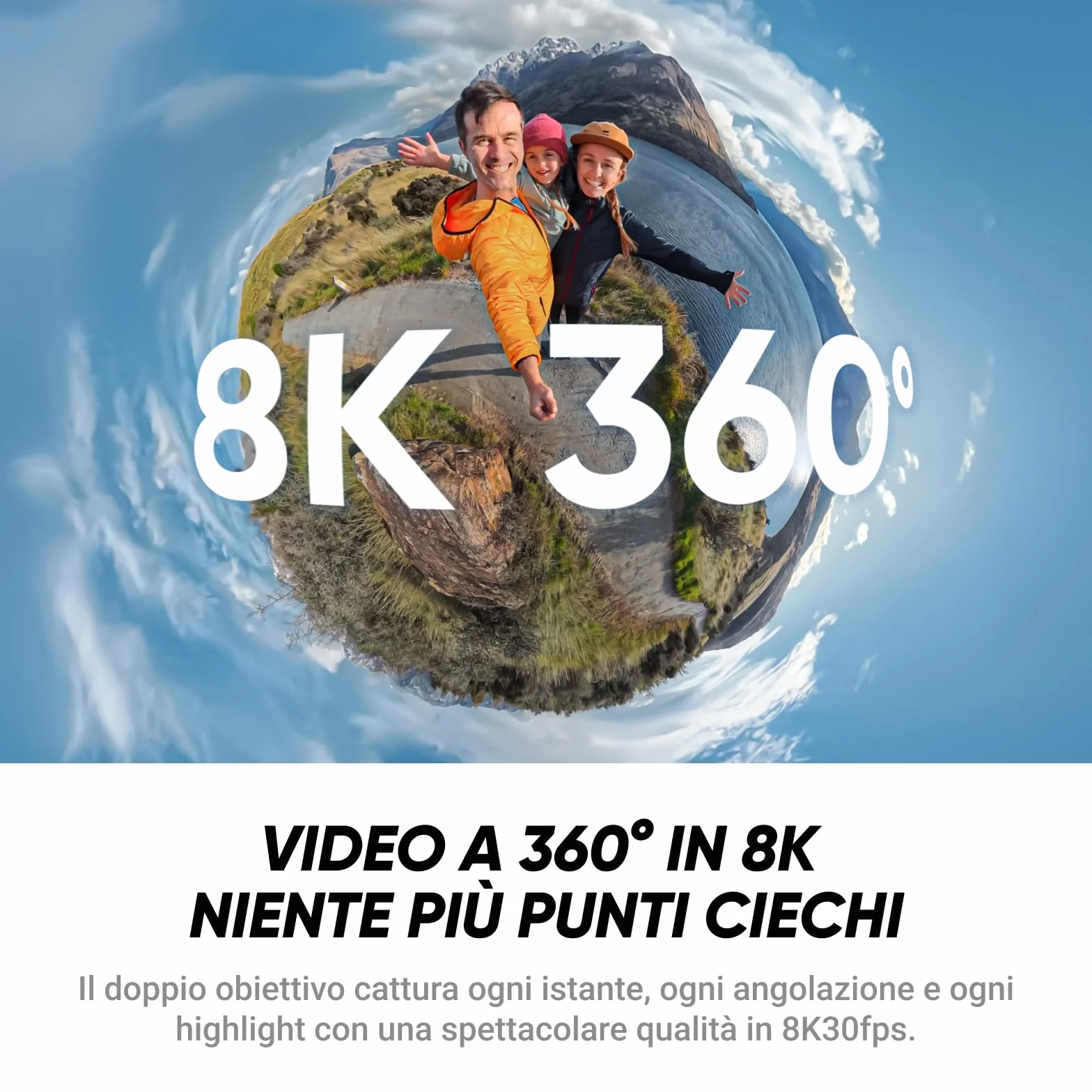 Insta360 X4 Air, Videocamera 8K 360 leggera 165g, Selfie stick Invisibile, lenti sostituibili, cover antivento integrata, prima registri poi inquadri, Pack Starter