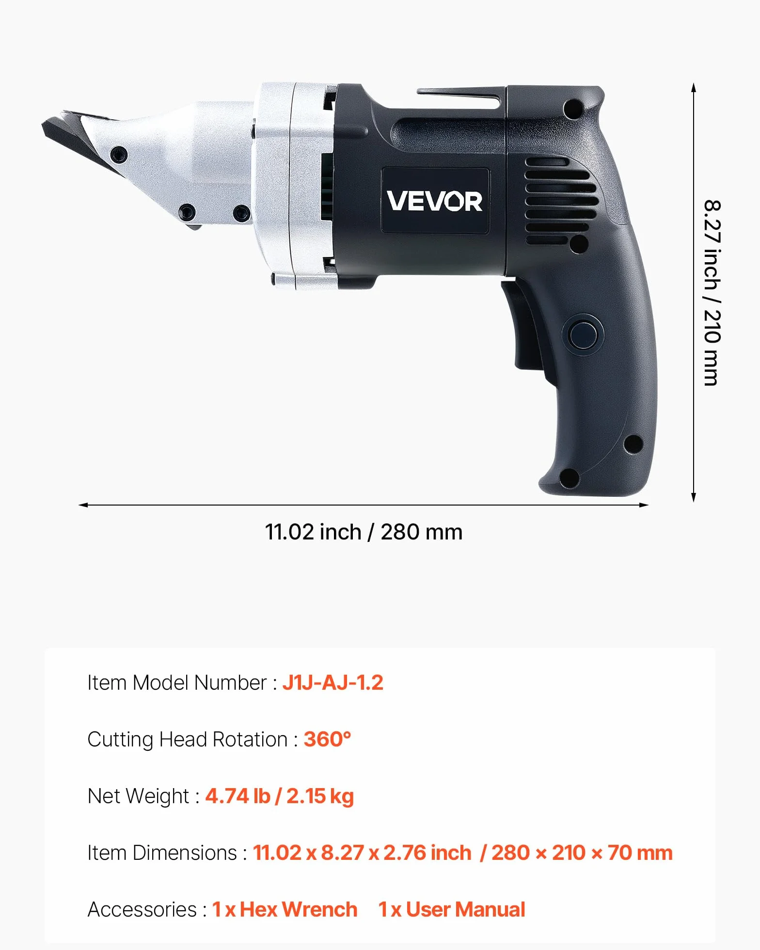 VEVOR Cesoia Elettrica per Metallo 4,0 A Taglierina Lamiera Testa Girevole Velocità Variabile Taglio Continuo 2500 giri/min