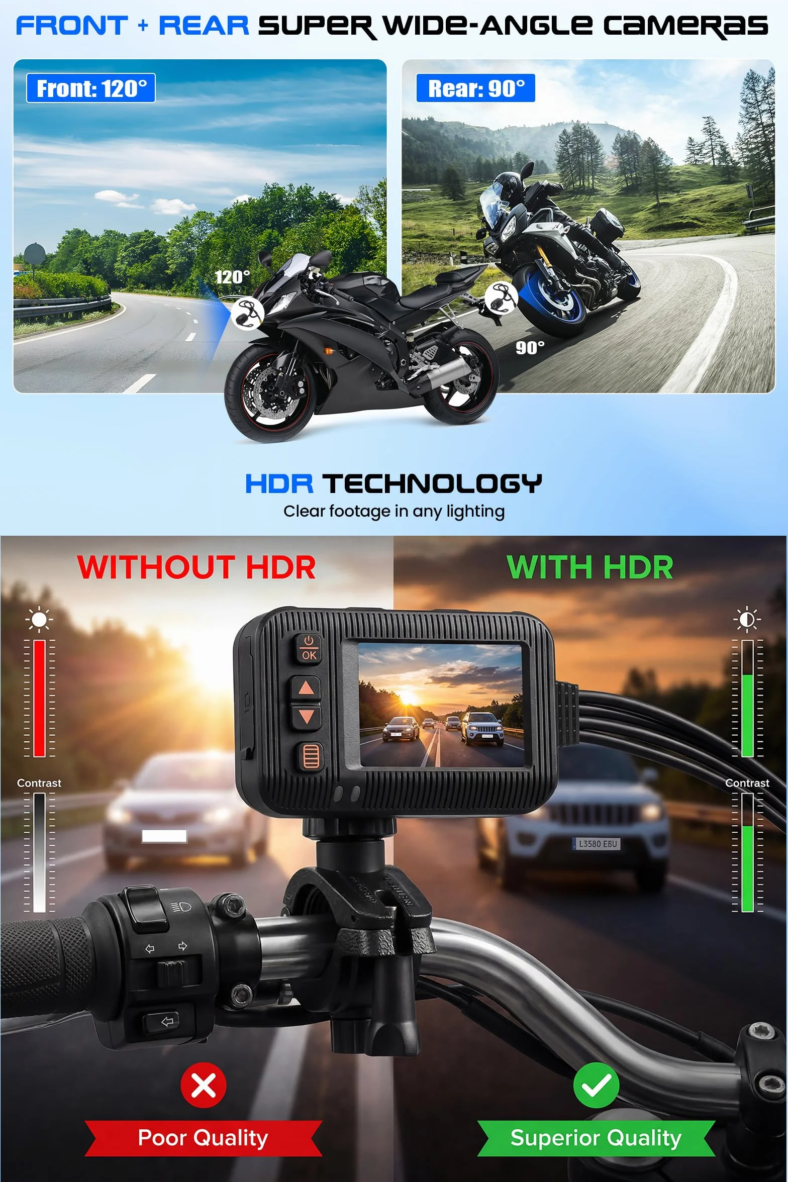 CAMECHO 1080P HDR Dashcam per Moto con Telecamera Anteriore + Posteriore, Sensore G Dash Cam Moto con Registrazione in Ciclo, IP67, Schermo IPS HD da 2 Pollici, Supporto Universale per Moto