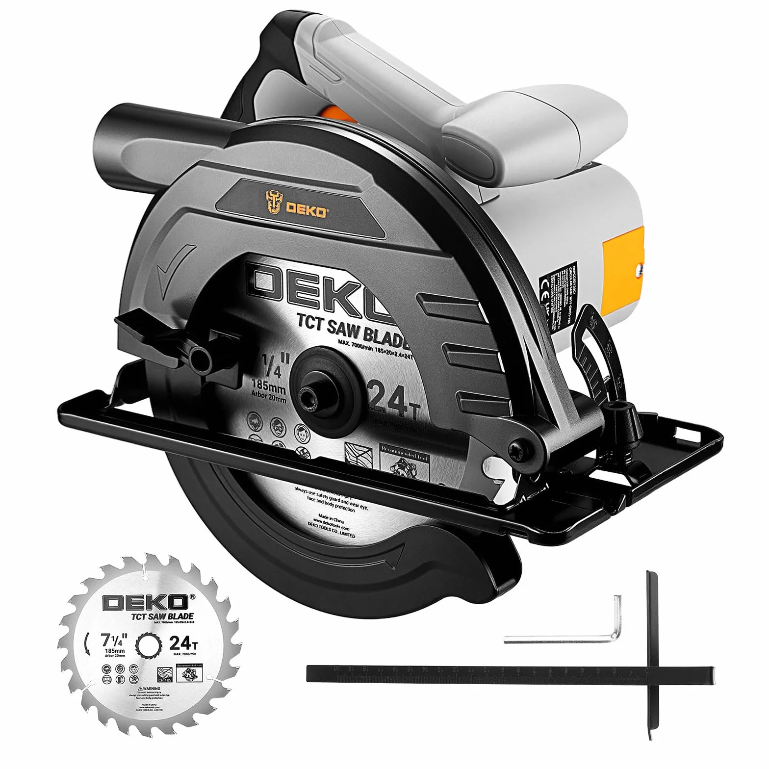 Sega circolare per legno Sierra Circular 1200W: DEKOPRO Sega circolare con binario guida, Hoja de sierra Ø185mm(24T), Profondità massima di taglio 65mm (90°), 43mm (45°), Ideale per Tagliare Legno
