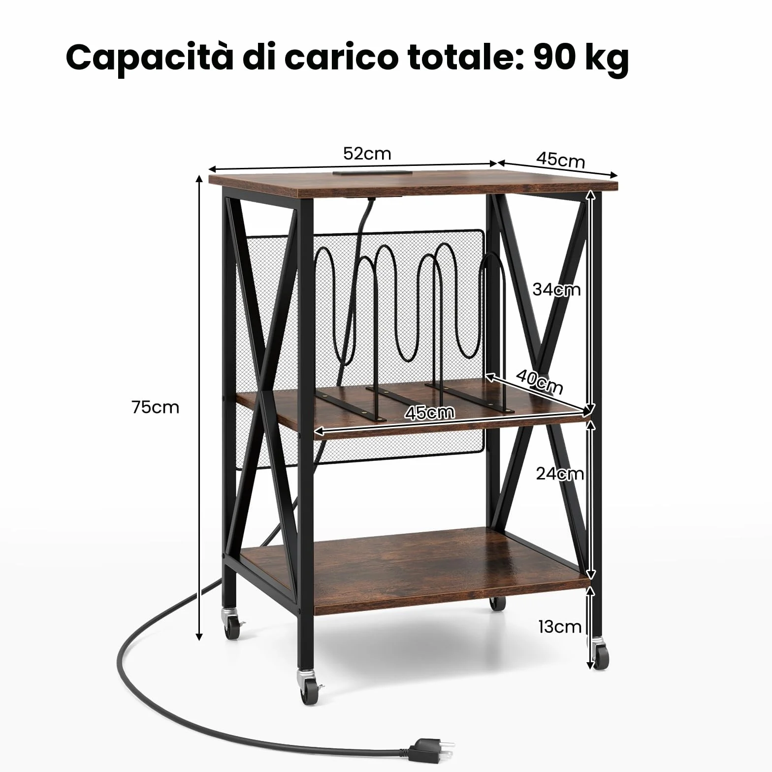 LIFEZEAL Mobile Giradischi e Porta Vinili, Supporto per Giradischi, Carrello con Ruote Bloccabbili per CD, Tavolino a 3 Ripiani per 250 Album, Legno+Metallo, Peso Max 90kg, 52x45x75 cm, Marrone