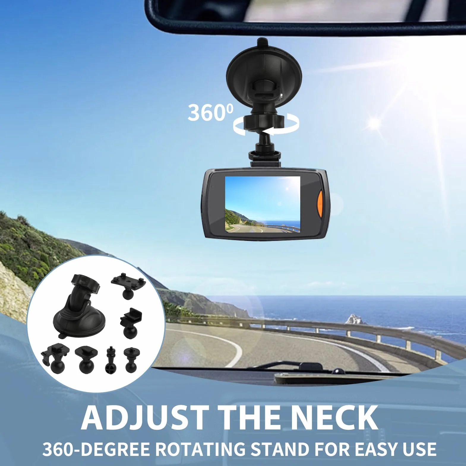 Supporto da Auto con Ventosa per Cruscotto e Parabrezza, Compatibile con Dash Cam, GPS e Action Camera, con Adattatore a 6 Tipologie e Rotazione a 360 Gradi, Buona stabilità Visione Grandangolare