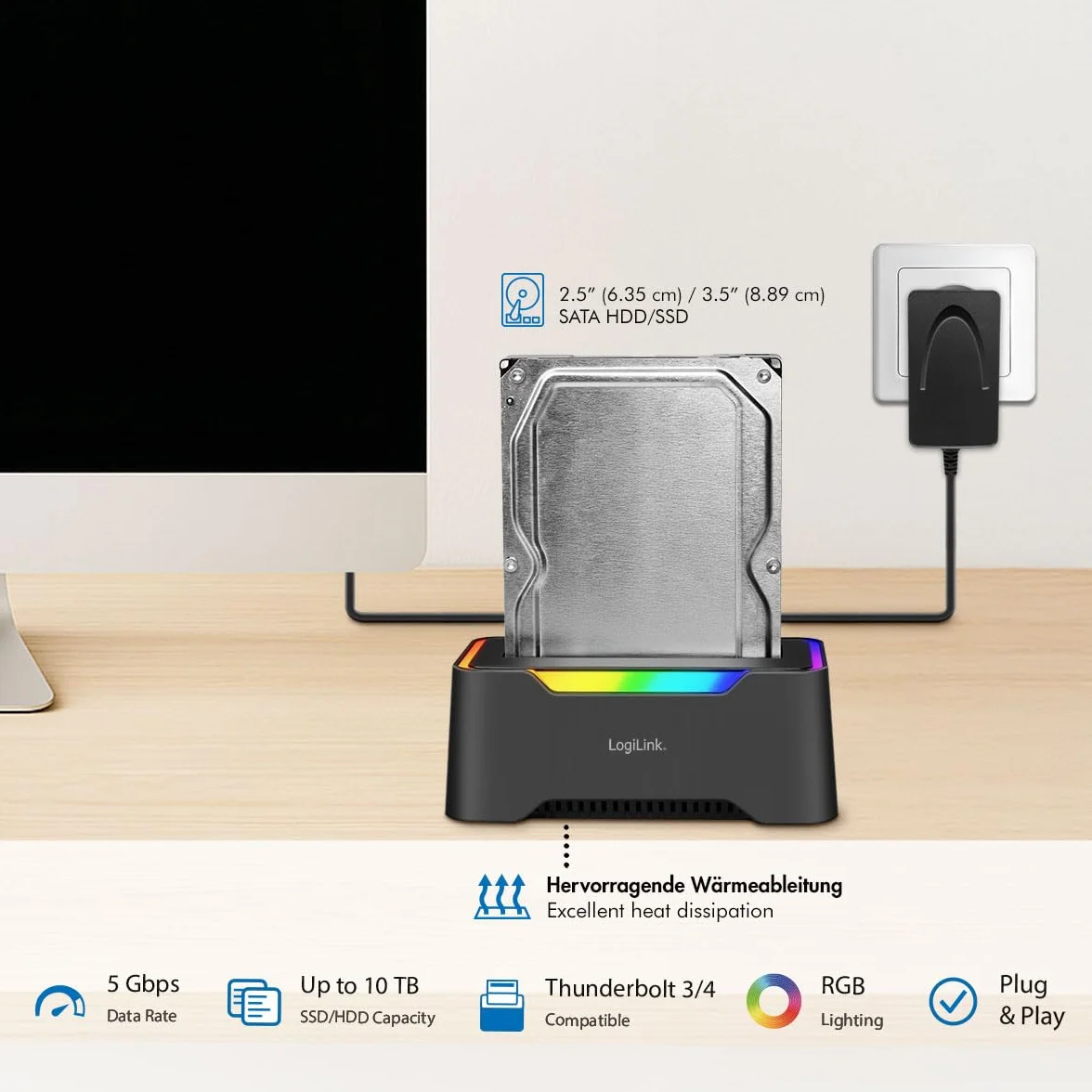 LogiLink Docking Station USB-C (3.2 Gen1) per HDD/SSD SATA da 2.5" e 3.5", con luce RGB, compatibile con Thunderbolt, Windows, Mac OS, Linux