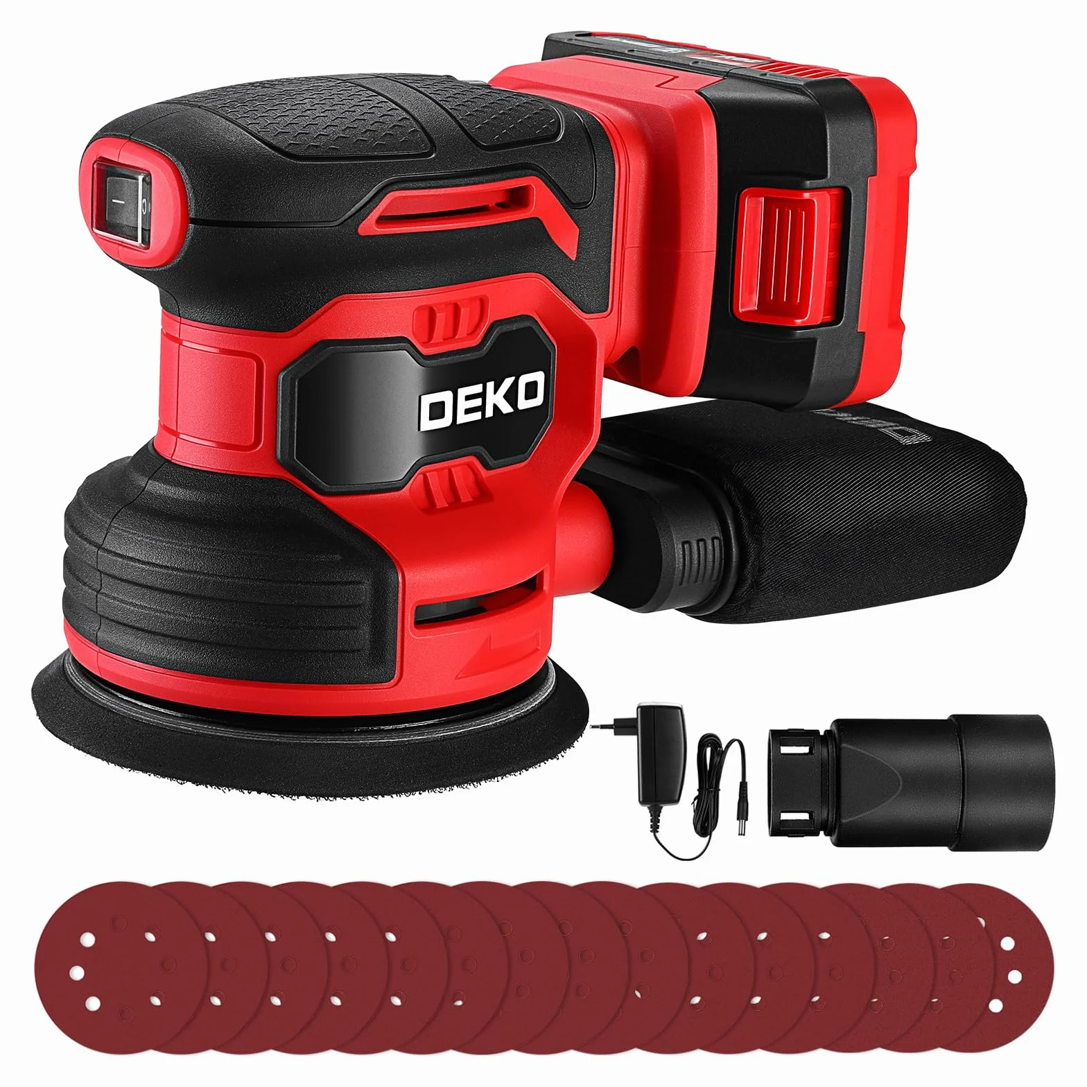 Levigatrice Orbitale a Batteria: DEKOPRO Levigatrice Rotorbitale con 1 Batteria 2000mAh, Orbitale per Legno da 125 mm, 13000 RPM, con Sacchetto per la Polvere e 15 Fogli di Carta Vetrata Rosso