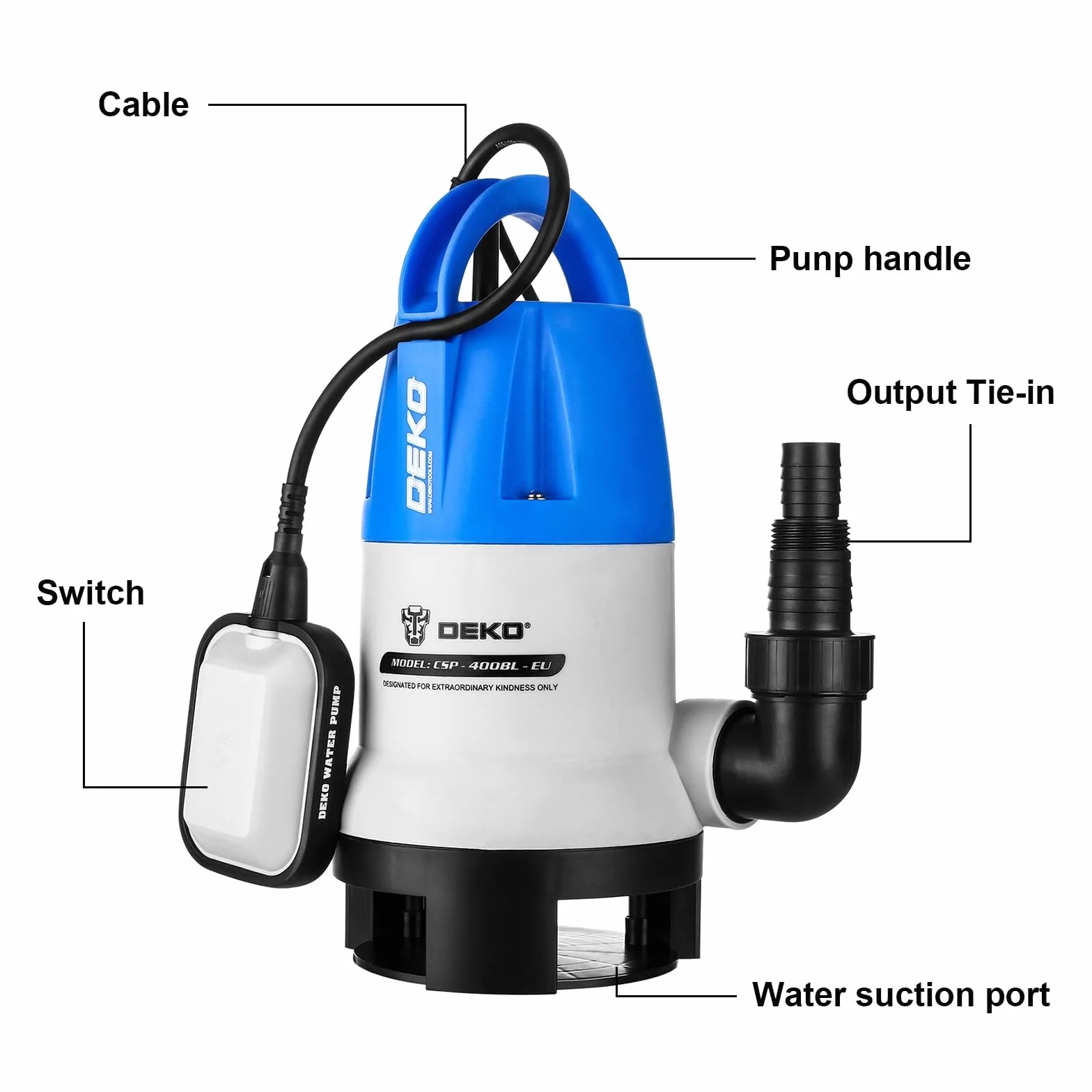 DEKO Pompa sommergibile portatile 400W 8000L/H Pompa acqua pulita/sporca Piscina Vasca da giardino Scarico per laghetto con interruttore a galleggiante e cavo lungo 10 m Blu