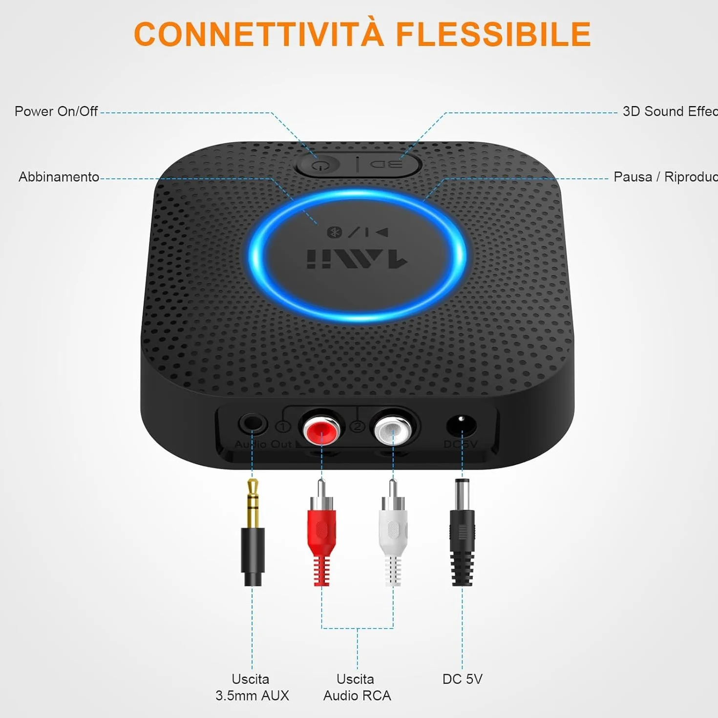 1Mii Ricevitore Bluetooth 5.3, Adattatore Audio Bluetooth HiFi con Jack AUX 3,5mm e RCA, 3D Surround e aptX HD, Wireless per Amplificatore, Stereo Casa, Lungo Raggio 50m