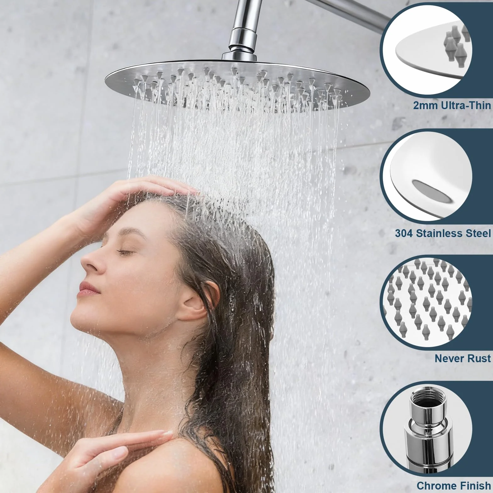 VINATO Soffione Doccia Rotondo 8 Pollici a Pioggia,Docce Fisso Rotondo,Grande Testa Doccia Tonda,Rotazione 360° per Installazione Facile Senza Attrezzi