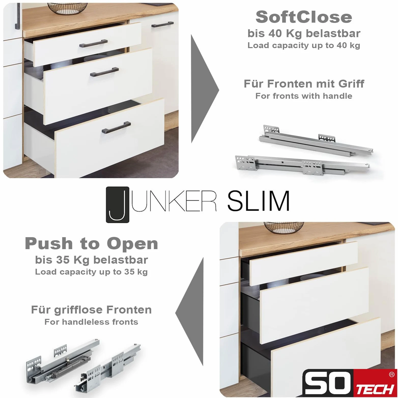 SOTECH Sistema di cassetti JUNKER SLIM con Push to Open (antracite, altezza 199 mm, profondità 450 mm, portata fino a 35 kg) cassetto con telai da 13 mm