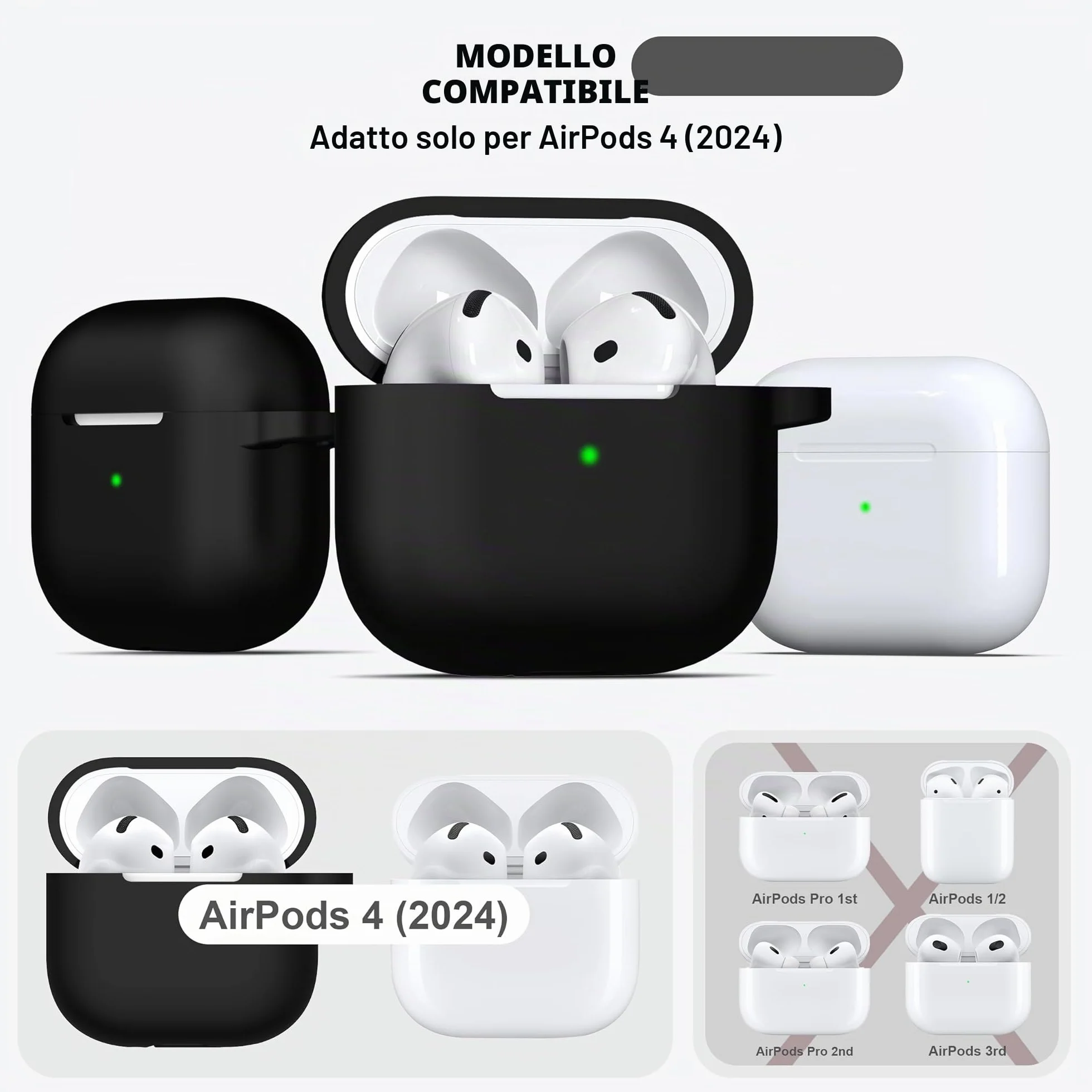 R-fun Custodia per Airpods 4, custodia morbida in silicone con portachiavi, copertura protettiva completa compatibile con Airpods 4th di Apple, Nero