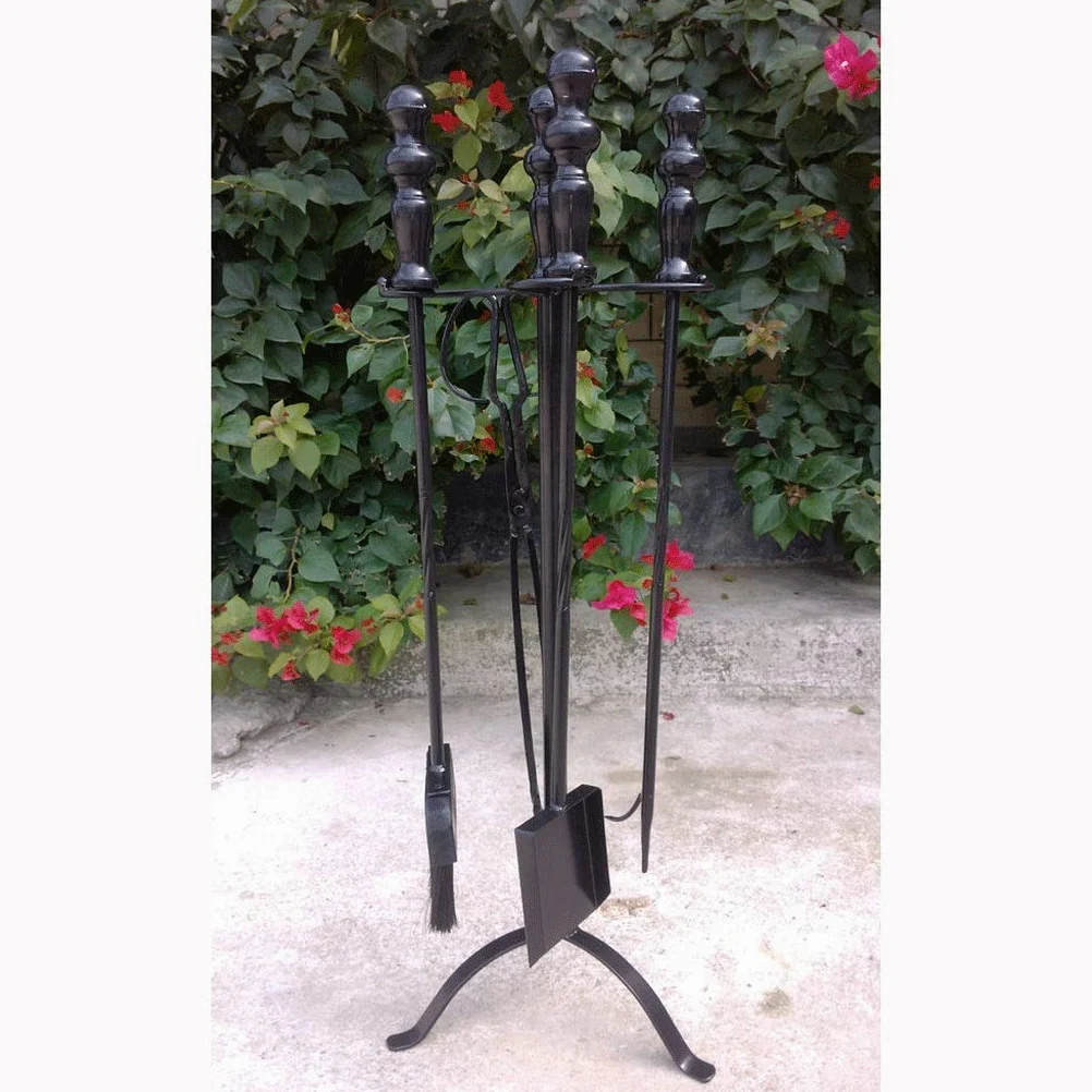 Set di 5 Utensili per Camino in Ferro battuto Moderno con pinze per attizzatoio e Supporto per braciere, Kit di Utensili per Stufa a Legna, Set per caminetto con Maniglie per Camino