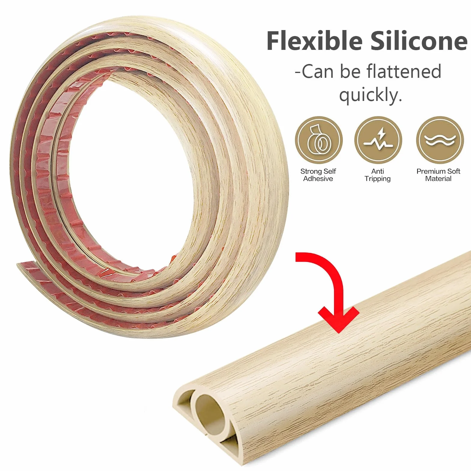 Canalina per cavi flessibile 1m x 2cm copertura pavimento protezione piatta Rovere bianco