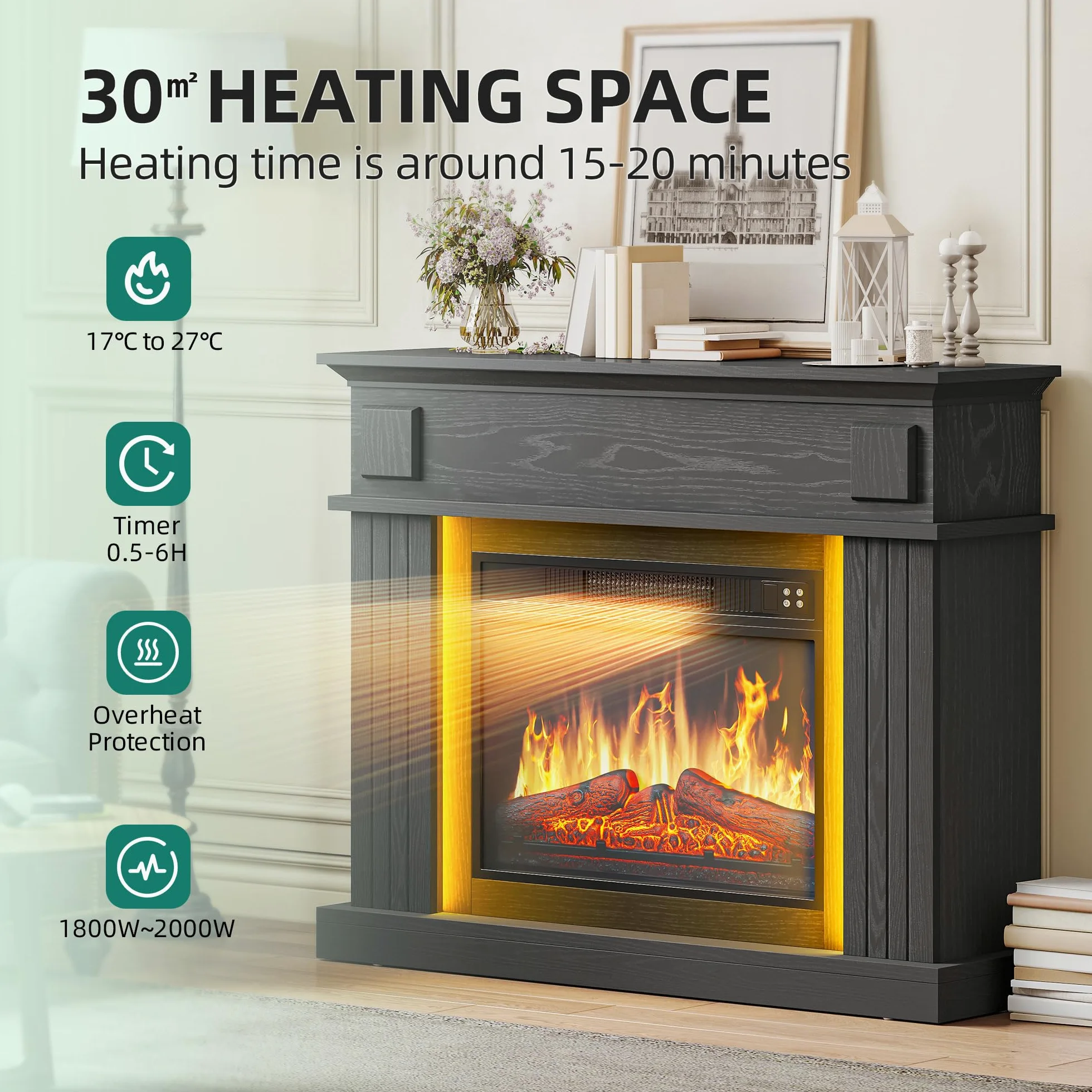 YITAHOME 39 Camino Elettrico da Terra, Effetto Fuoco 3D, Timer, Nero | Camino Finto Decorativo LED d'ambiente, Caminetto Elettrico da Terra con termostato e telecomando, 100X26X80.5CM