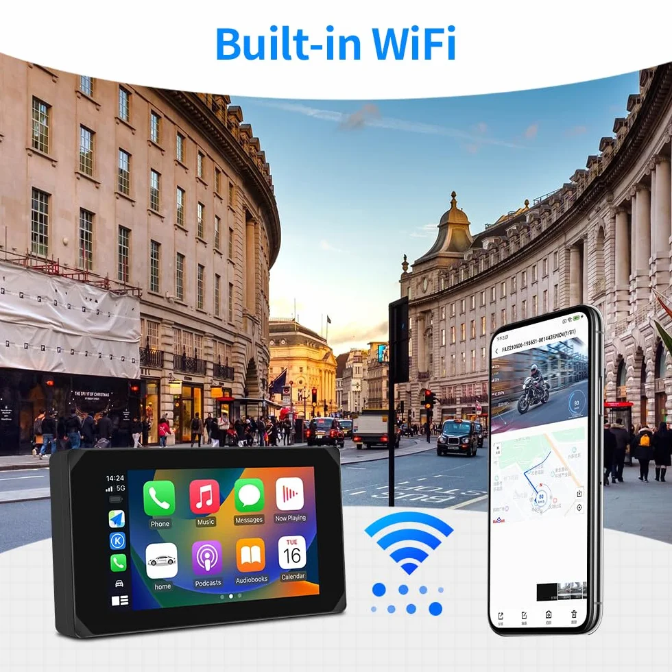 VSYSTO Schermo per moto, CarPlay e Android Auto Senza Fili, 5'' Schermo Carplay Moto con Doppia telecamera 1080P, Impermeabile IP65 Touchscreen con Navigation GPS, Bluetooth, Siri/Assistant, TPMS