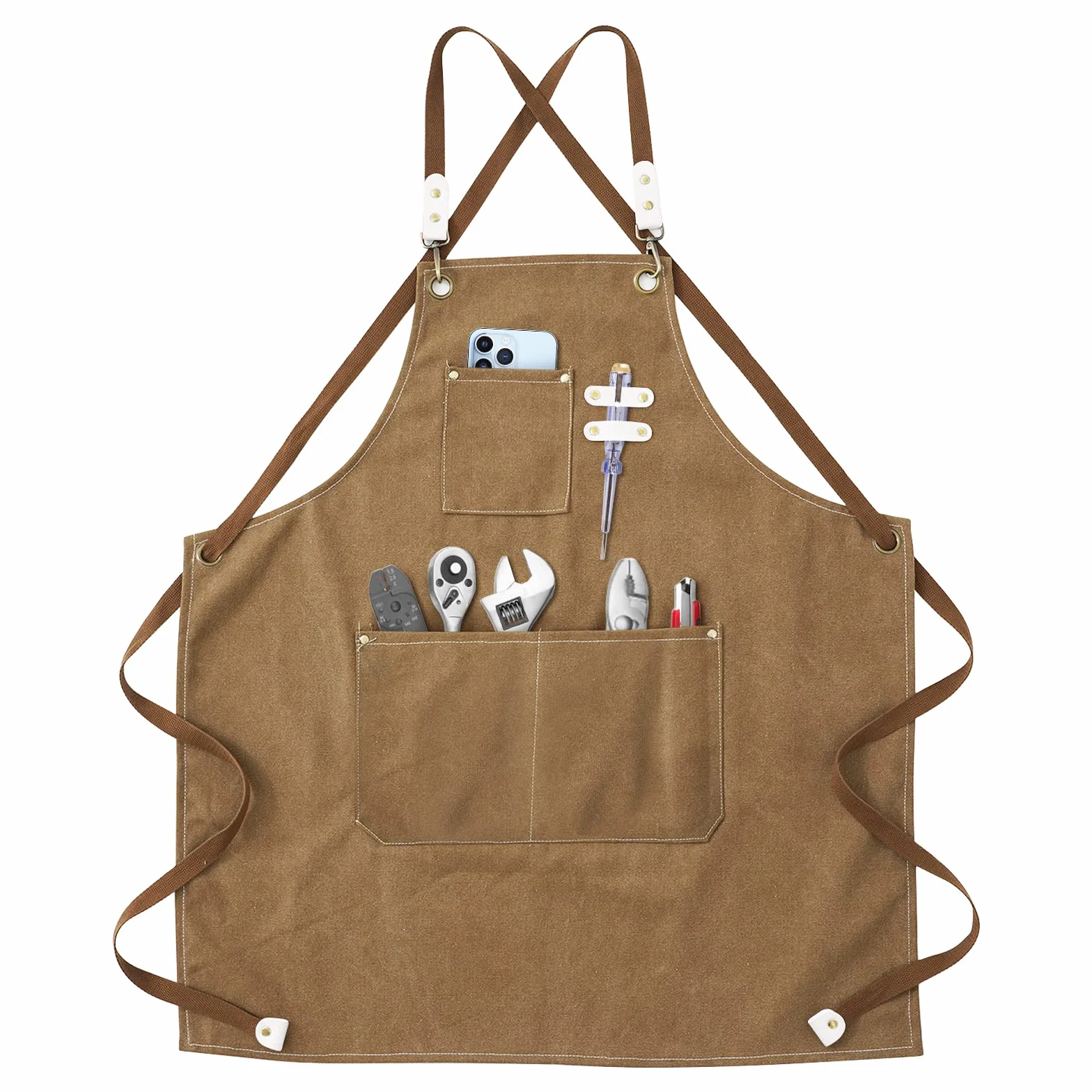 Grembiule da Lavoro, Grembiule Donna/Uomo Durevole di Tela con 3 Tasche per Falegname Tatuatore Fabbro Pittore Barista, Design a Tracolla, Adatto per Casa Lavoro Campeggio all'Aperto - Marrone
