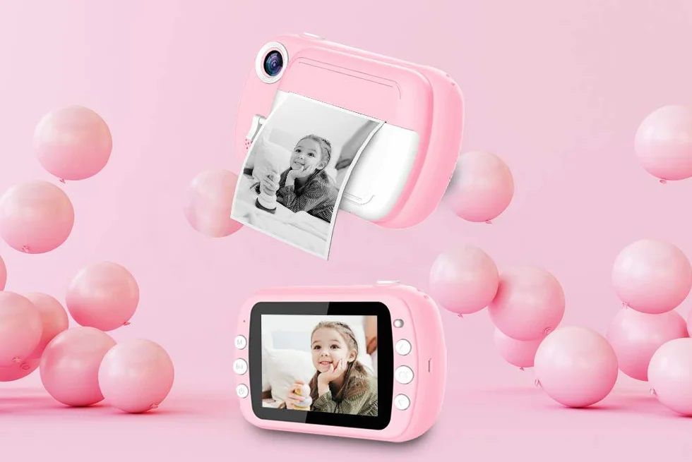 i-Paint P9 Macchina fotografica istantanea per Bambini, Stampa B/N su carta termica, Fotocamera 1080P Videocamera Digitale FHD, LCD da 3.5", Micro SD da 32GB, Colore Rosa