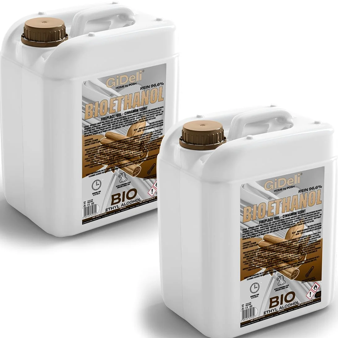 GiDeli bioetanolo 2 x 10 l con profumo di cannella 96,6% etanolo per camini interni ed esterni, senza fumo e fuliggine, da mais e barbabietola da zucchero