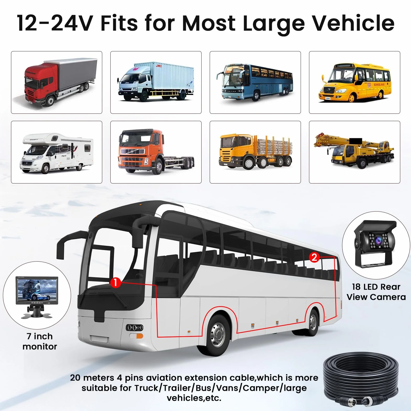 Inefala Kit Telecamera Posteriore con Monitor 7 Pollici +Telecamera di Retromarcias Impermeabile IP68 Grandangolo 170° Visione Notturna 18IR per Camion Camper Trattori 12V-24V +20M 4Pin Cavo Avionico