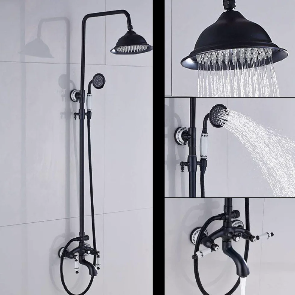 Set di rubinetti per Doccia di Lusso con Doppia Maniglia, 8 miscelatori per Bagno a Pioggia con doccetta in Colonna per Vasca da Bagno con Sistema a Parete, Rubinetto in Bronzo NER