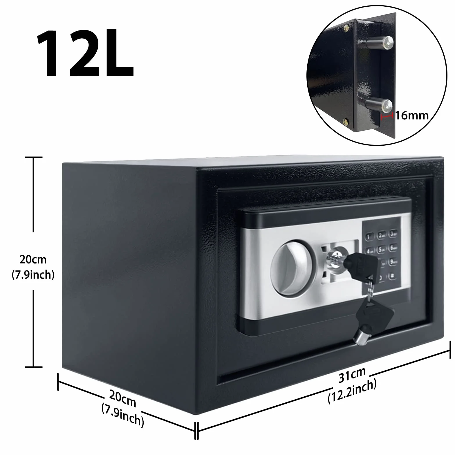 YRHome Cassaforte elettronica, cassaforte digitale per mobili, 12 l, 31 x 20 x 20 cm, cassaforte elettronica, cassaforte da parete, codice PIN con 2 chiavi