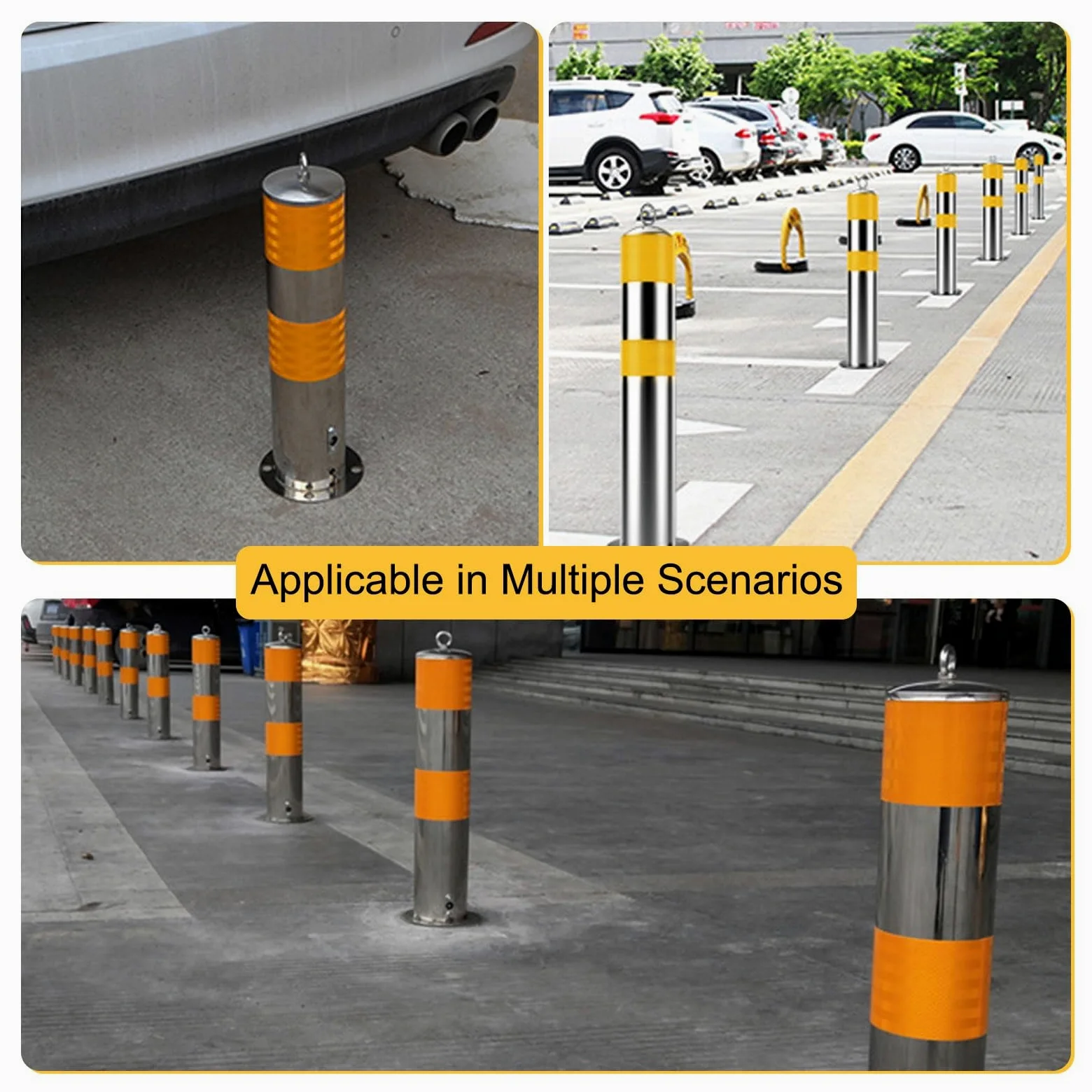 Paletto di sicurezza per parcheggio, diametro 11,4 cm, in acciaio con strisce riflettenti e anello di sospensione, per la sicurezza stradale e dei parcheggi, giallo, 4 pezzi.