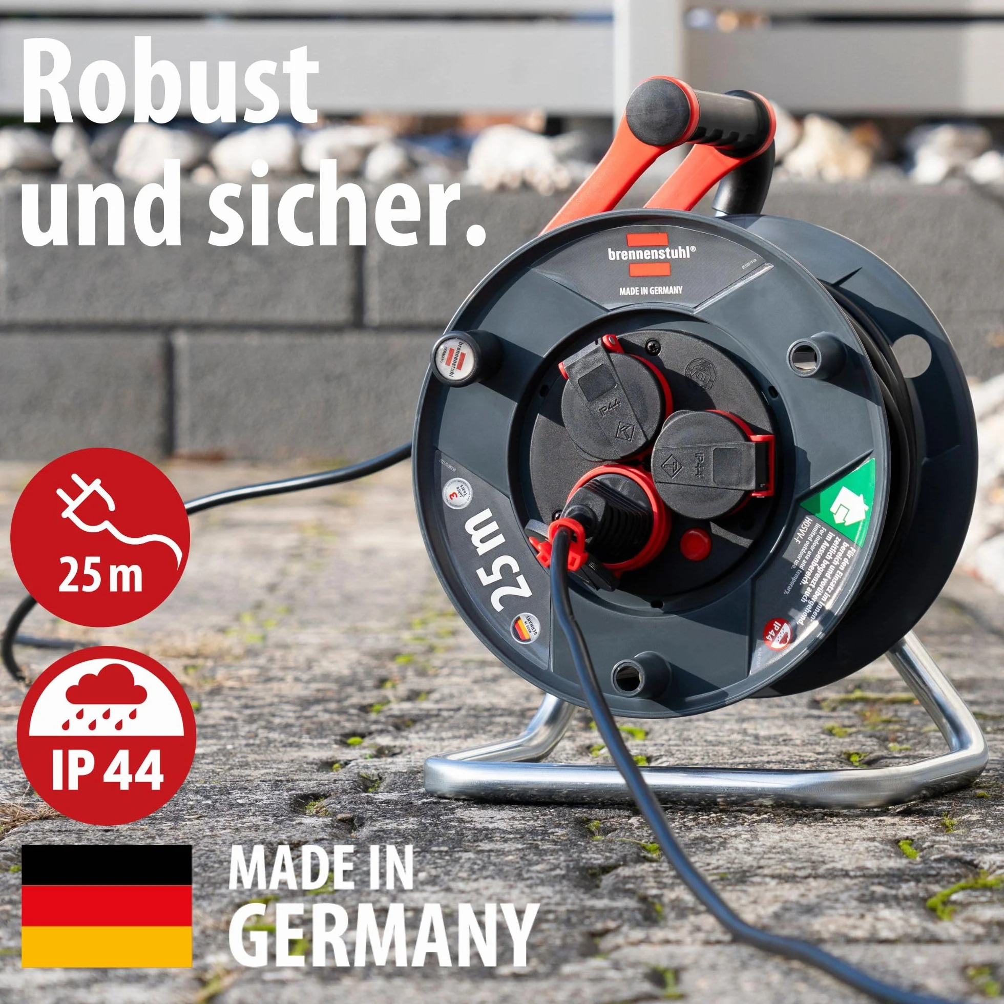 Brennenstuhl Garant, Avvolgicavo per esterni, IP44, 25 m (Made in Germany, 3 prese di sicurezza con migliore protezione da tocco, plastica speciale)