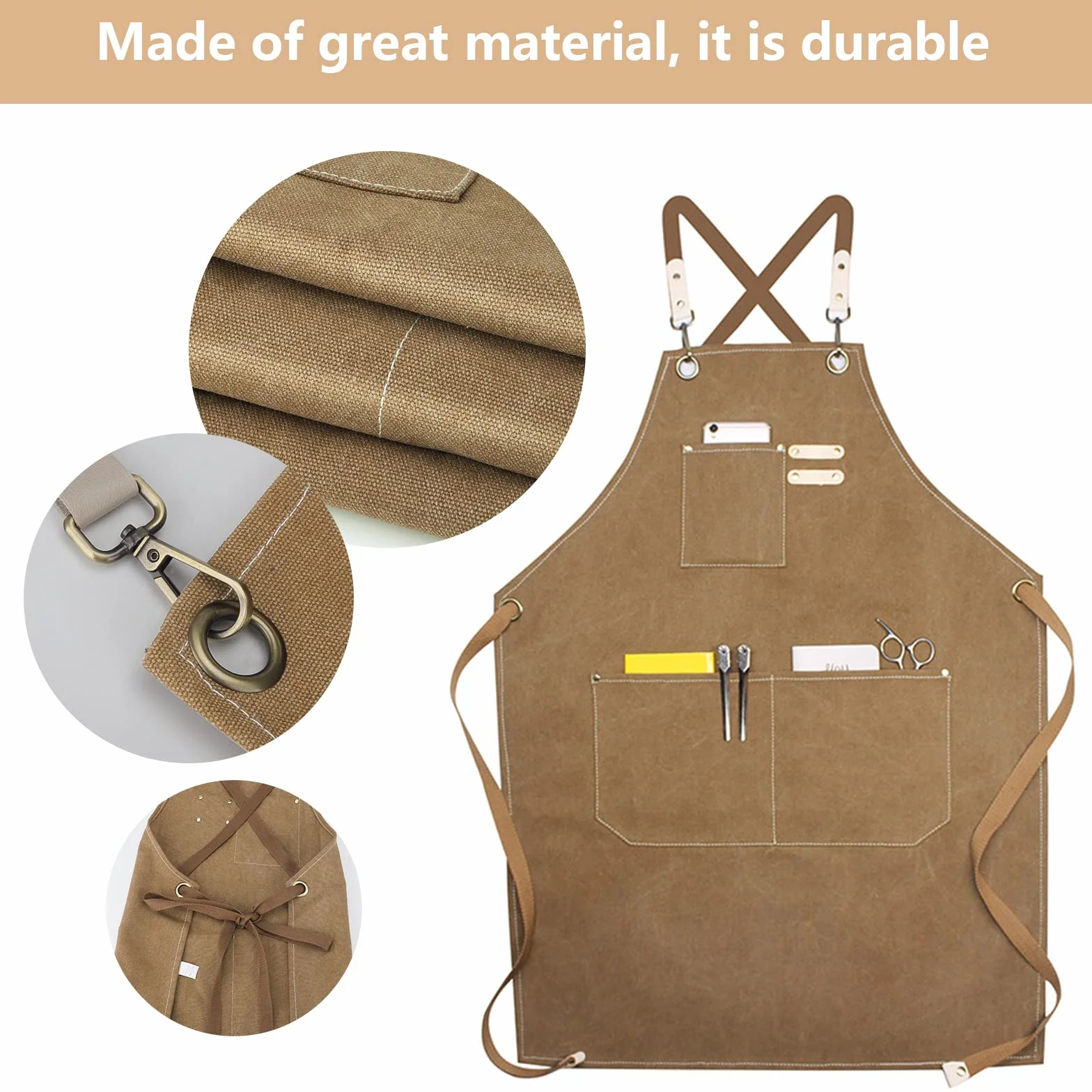 Grembiule da Lavoro, Grembiule Donna/Uomo Durevole di Tela con 3 Tasche per Falegname Tatuatore Fabbro Pittore Barista, Design a Tracolla, Adatto per Casa Lavoro Campeggio all'Aperto - Marrone