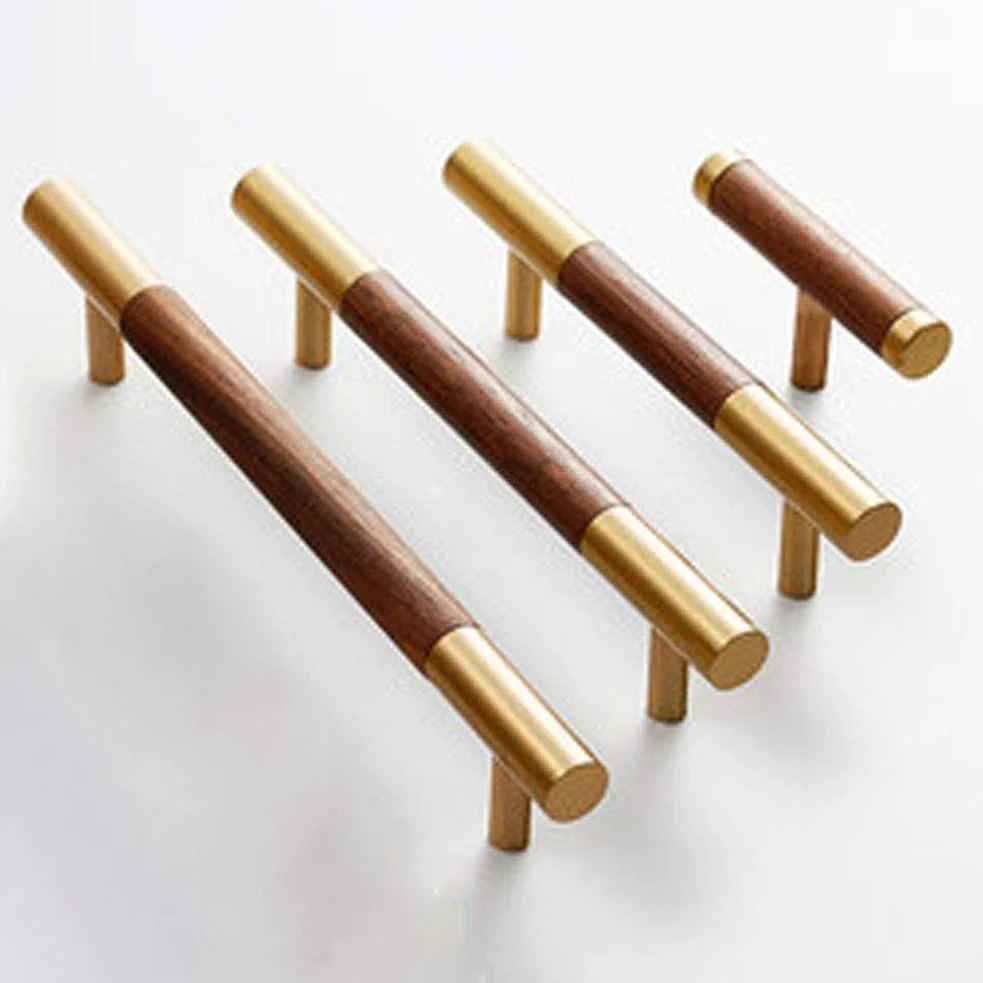 Maniglia per armadio da cucina, in ottone+noce, maniglie a T in stile europeo per mobili, cassetti, cassettiera, porta, pomello per armadietti (foro singolo/96/128/160 mm) (5 pezzi foro singolo)