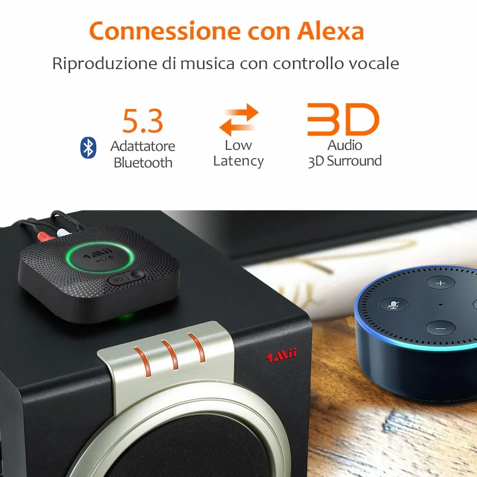 1Mii Ricevitore Bluetooth 5.3, Adattatore Audio Bluetooth HiFi con Jack AUX 3,5mm e RCA, 3D Surround e aptX HD, Wireless per Amplificatore, Stereo Casa, Lungo Raggio 50m
