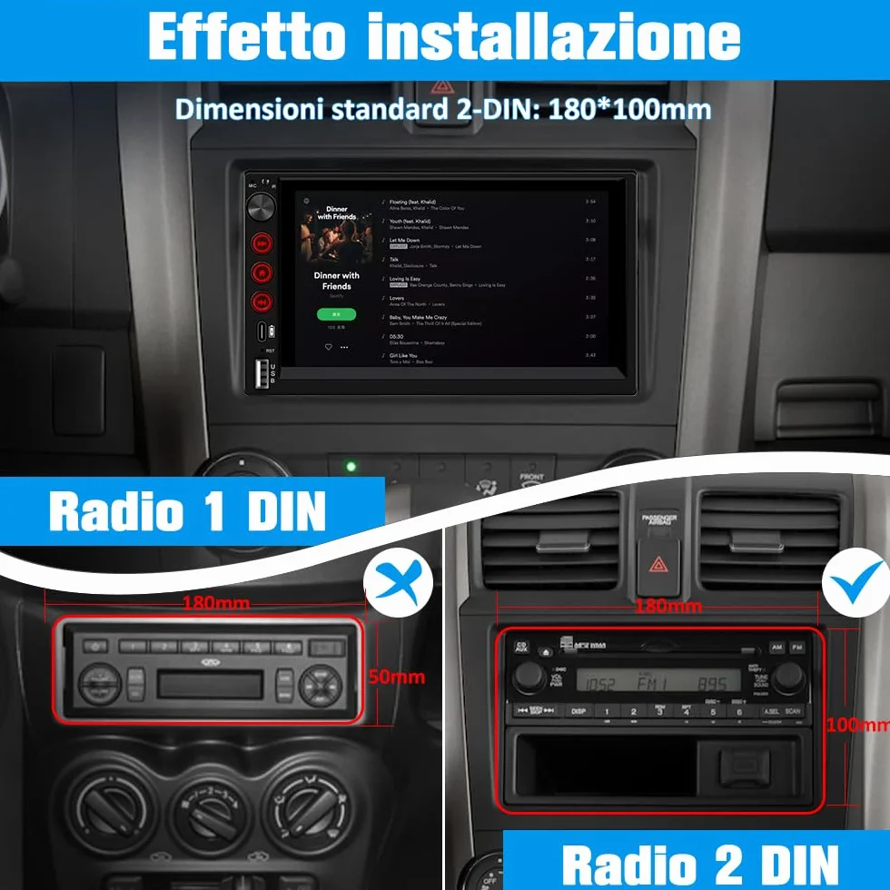 Universale Autoradio 2 DIN con Schermo Wireless CarPlay & Android Auto Bluetooth FM GPS USB Tipo-C Comandi al volante