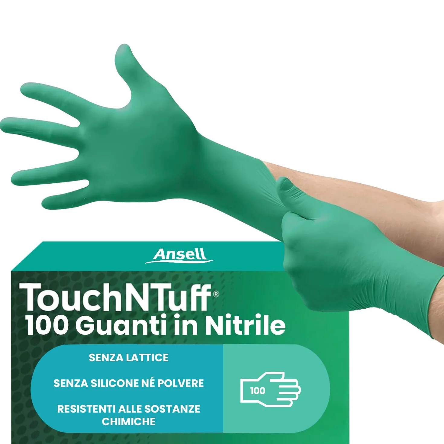 Ansell TouchNTuff 92-600 Guanti Monouso in Nitrile, Senza Polvere, Alta Resistenza Chimica, Verde, Taglia L (100 Pezzi)