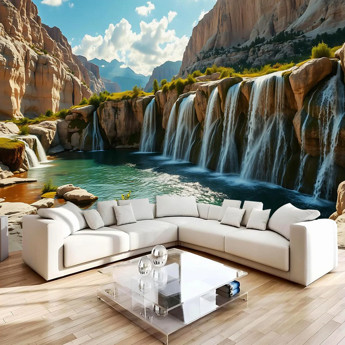 Carta da parati effetto 3D Cascata Montagna 300 x 210 cm Murale Non Tessuto Natura Paesaggio Fotomurale Stampa HD Moderna Poster Per Soggiorno E Camera Da Letto Design 2M1844