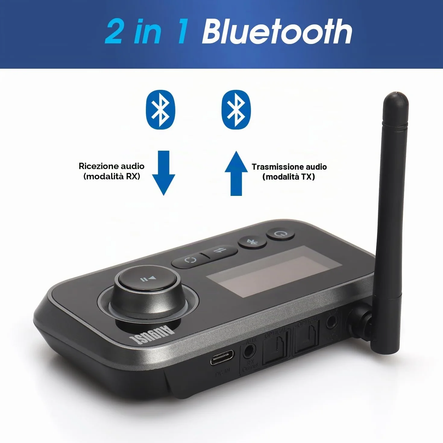 August MR280 Trasmettitore Bluetooth per TV, Trasmettitore Ricevitore Adattatore Bluetooth 5.0 per PC Cuffie, HIFI, Bassa Latenza con Multipunto, Modalità Bypass - AUX Jack RCA Ottico USB-C