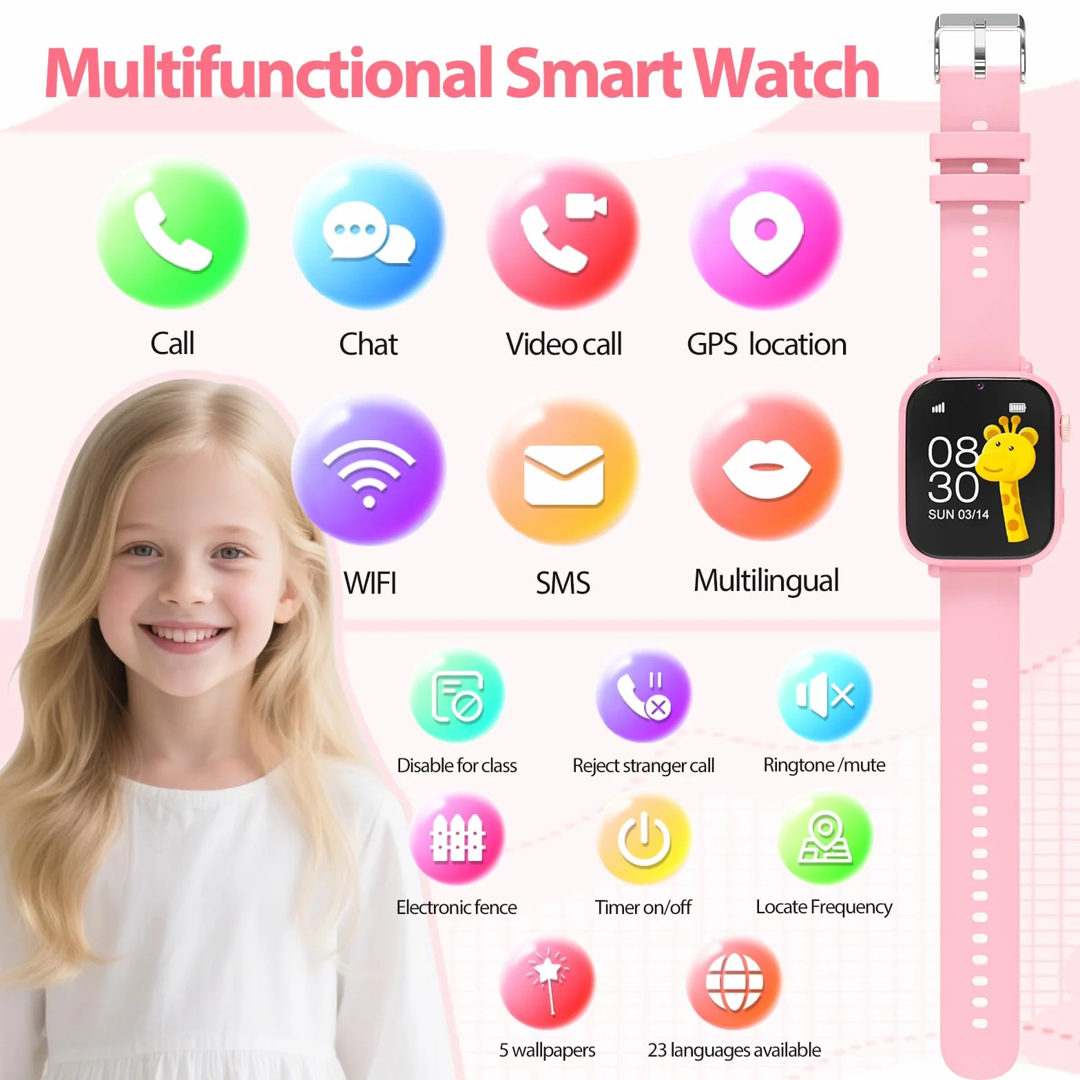PTHTECHUS Smartwatch per Bambini, 4G Orologio GPS Bambini, Videochiamata e Telefono, WIFI/GPS/LBS Contapassi Ricevi SMS SOS Calcolatrice Timer Sveglia, Regali per Bambini Dai 4 Anni in Su, Rosascuro