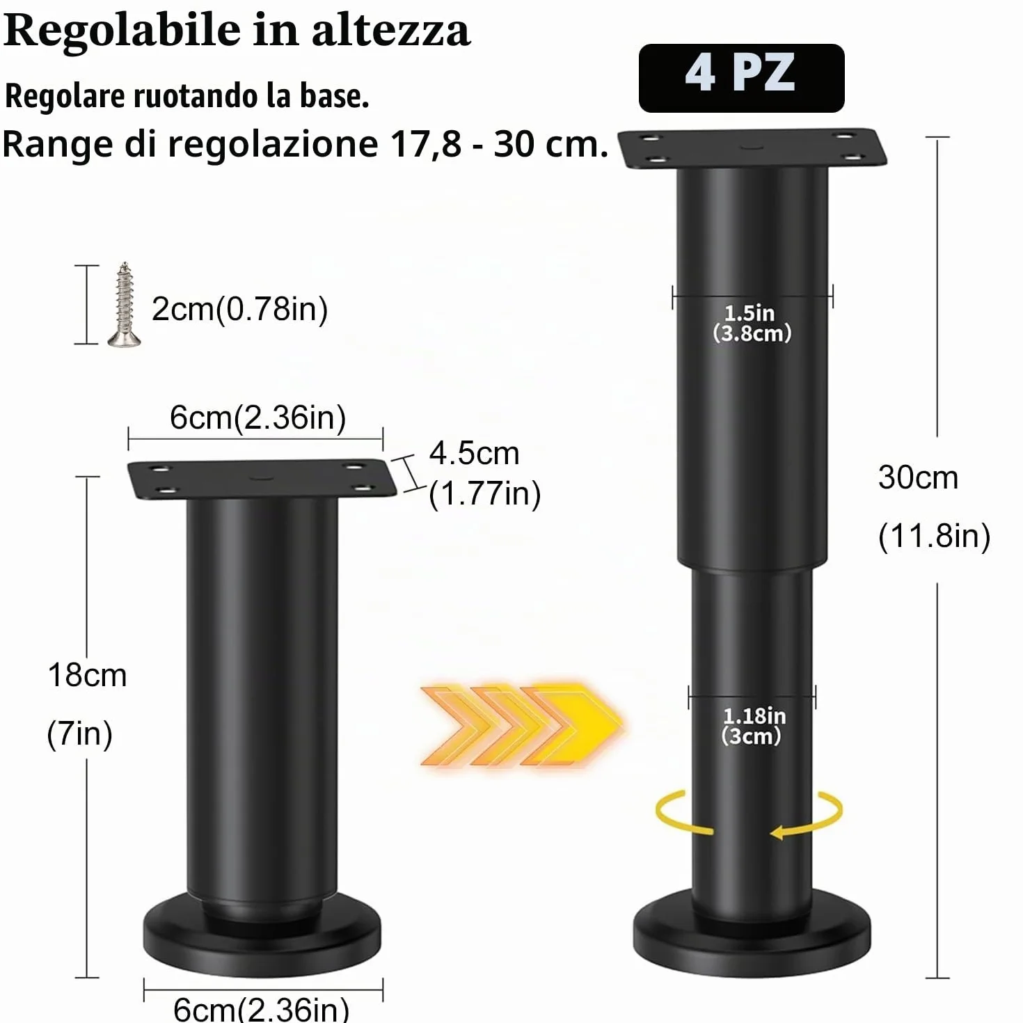 Piedini Regolabili per Mobili in Metallo 18-30cm 4 Pezzi con Viti