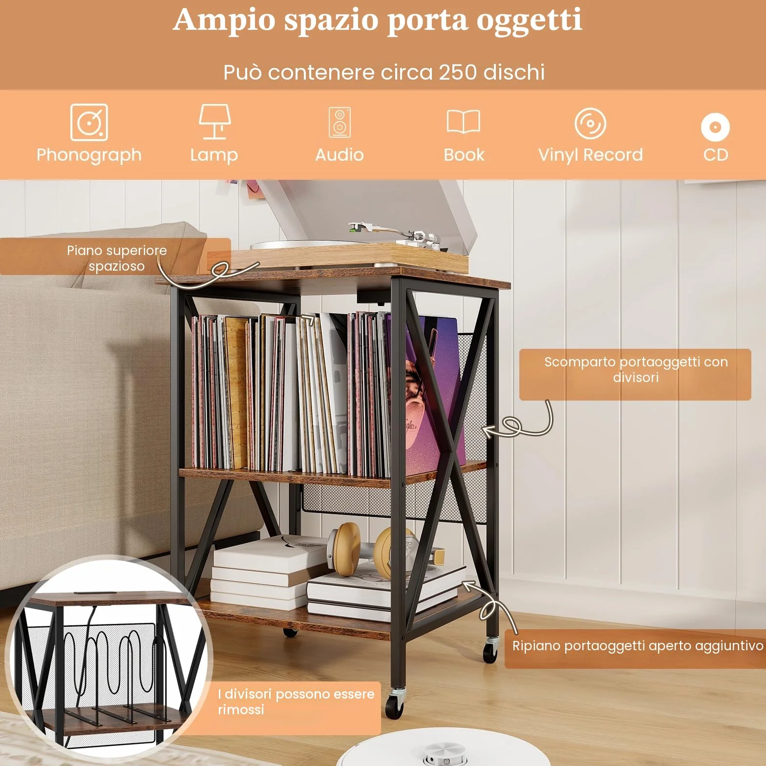 LIFEZEAL Mobile Giradischi e Porta Vinili, Supporto per Giradischi, Carrello con Ruote Bloccabbili per CD, Tavolino a 3 Ripiani per 250 Album, Legno+Metallo, Peso Max 90kg, 52x45x75 cm, Marrone