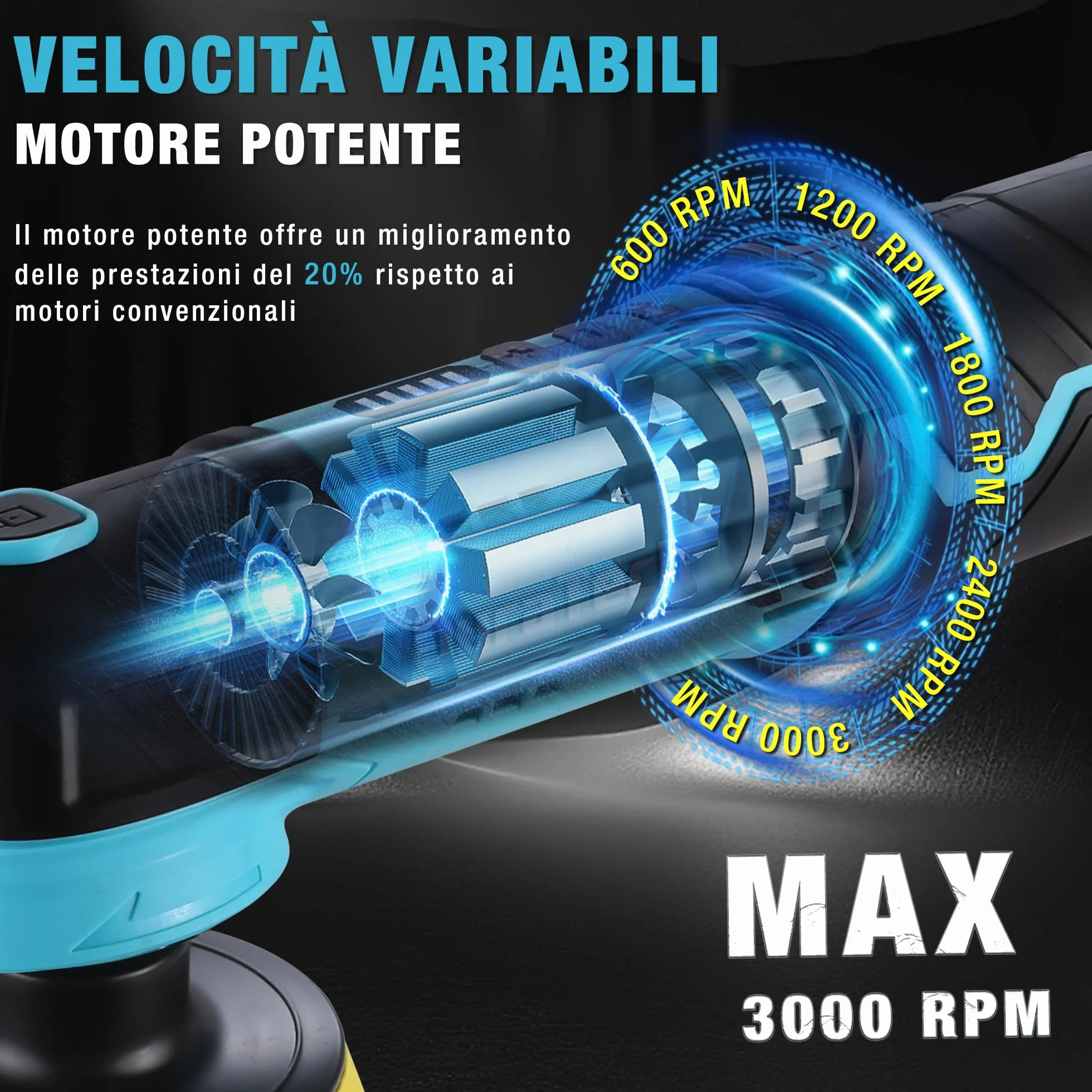 DURATECH Lucidatrice Elettrica 12V 3000 giri/min 5 Velocità Regolabili con Spugne Panni Disco