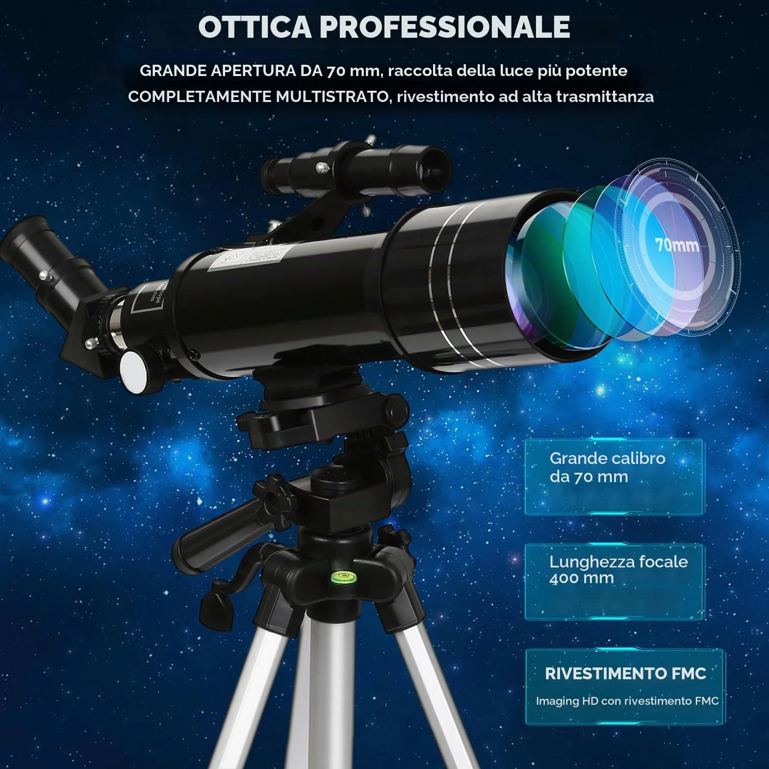 Telescopio Astronomico, Telescopi Rifrattori FMC con Treppiede Regolabile e Livello di Spirito, Telescopio da Viaggio Portatile con Zaino Perfetto per Adulti, Bambini, Principiante