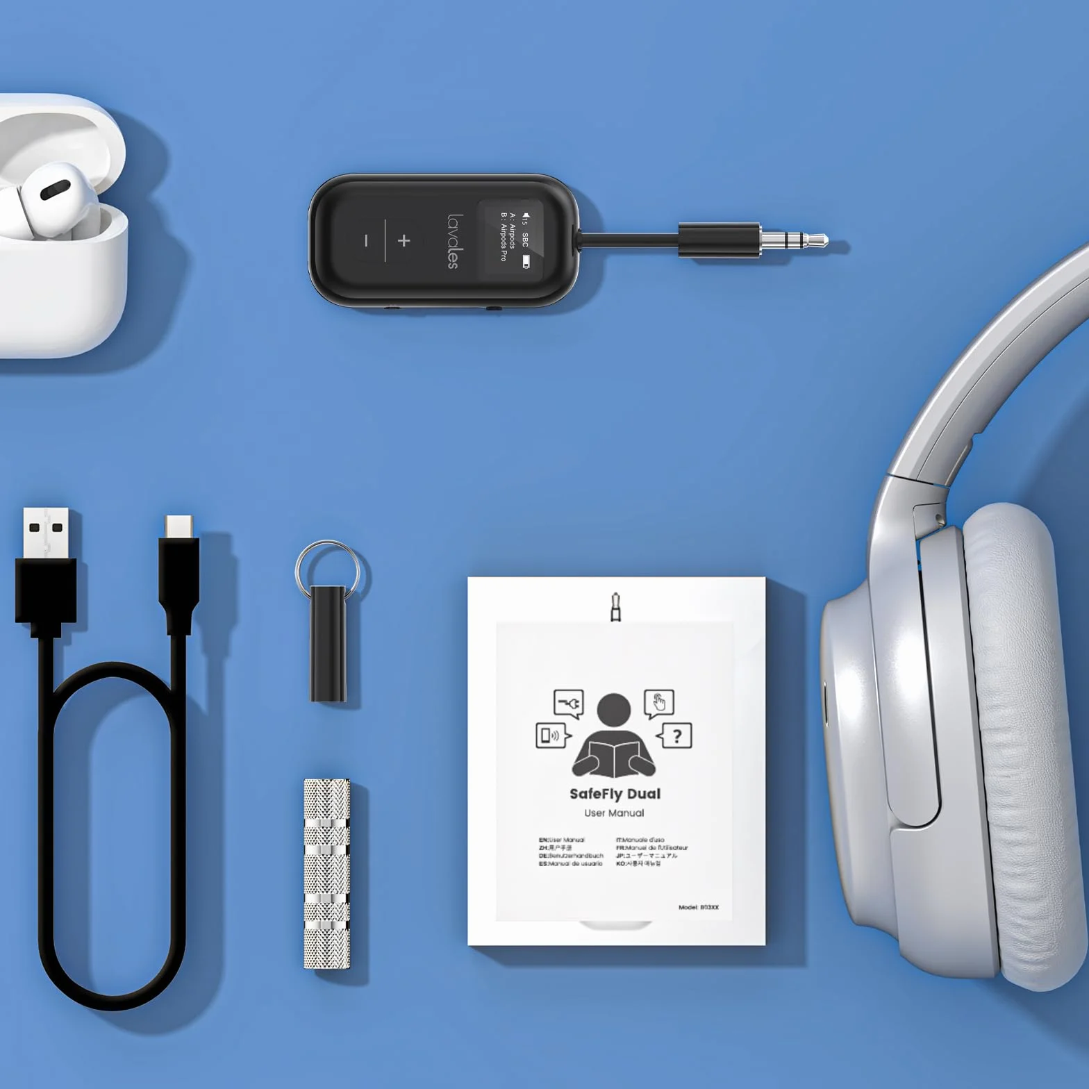 Trasmettitore Bluetooth 5.3 per Airpods/cuffie, adattatore aptX Low Latency/Adaptive, 25 ore di riproduzione, splitter audio AUX 3,5 mm
