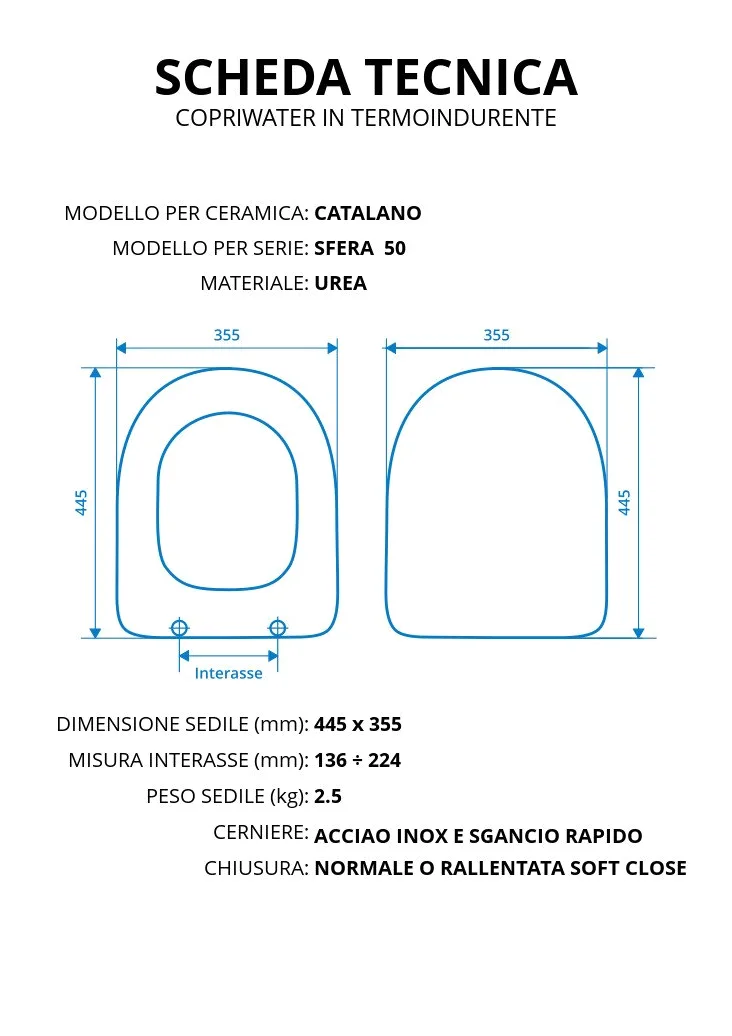 Copriwater per CATALANO SFERA 50 TERMOINDURENTE BIANCO cerniera inox normale o rallentata soft close