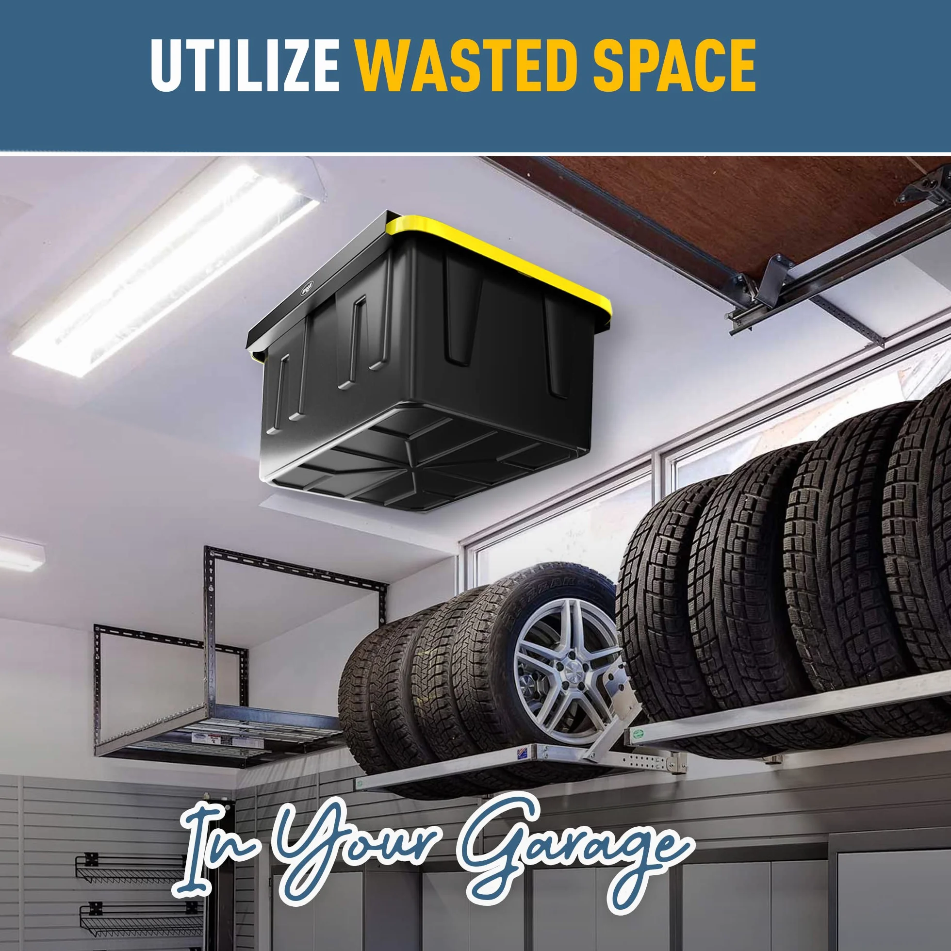 Koova Rack portaoggetti per garage per bidoni, guide con telaio, ganci da soffitto in acciaio resistente
