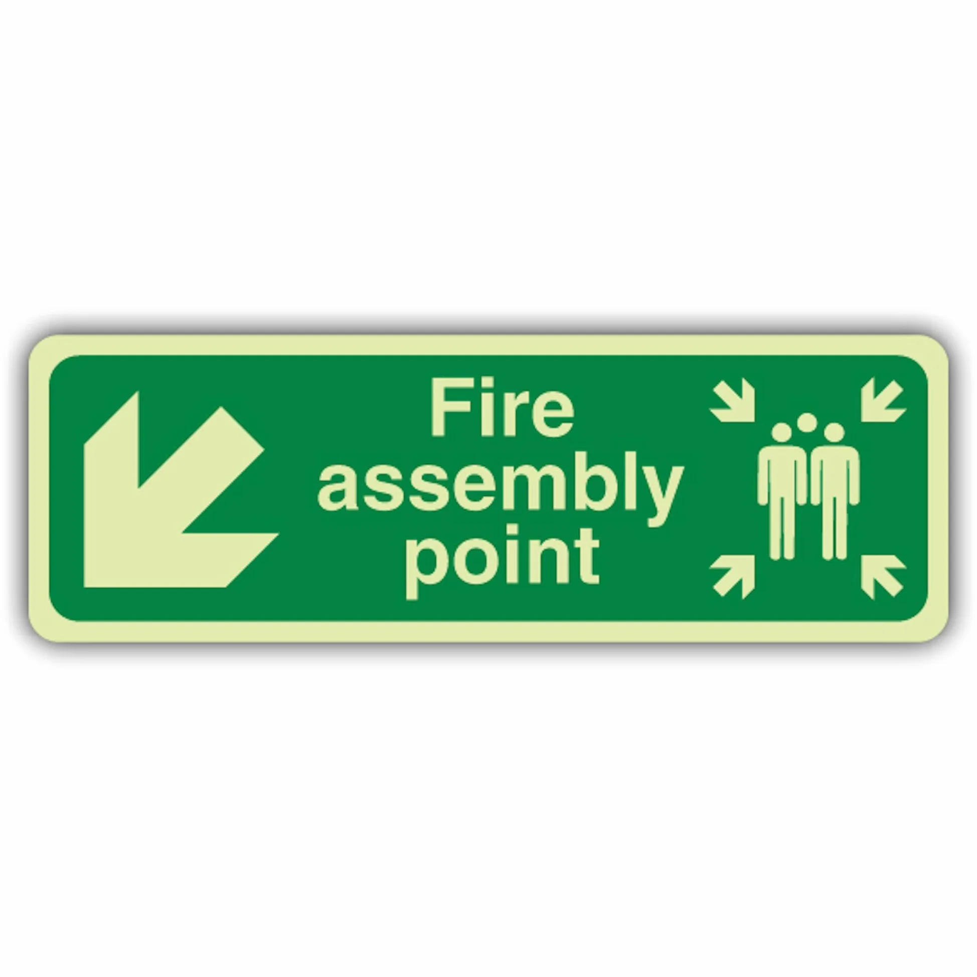Cartello di sicurezza con scritta "V Safety Glow In The Dark Fire Assembly Point Arrow Down Left Signage" – 750 x 250 mm – Realizzato in plastica rigida – Segnaletica antincendio – Made in Britain