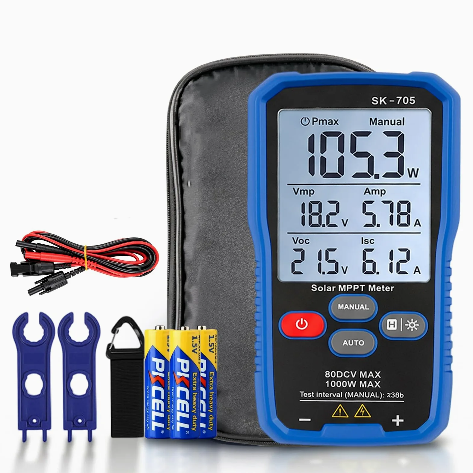 SK-705 Solar MPPT 1000 W Tester di potenza per moduli fotovoltaici, tester PV portatile con LCD da 3,2", misurazione automatica e manuale, Voc Isc Vmp Pmax