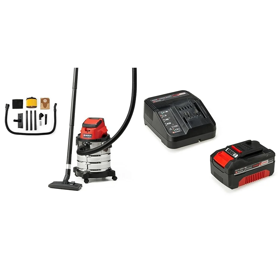 einhell TC-VC 18/20 Li S - Solo Aspiratutto a Batteria, Bidone in Acciaio, 20 L, 18 V, Rosso, Grigio + Power-X-Change Starter Kit, Caricabatteria e Batteria da 4000 mAh Li-Ion, Nero, Rosso