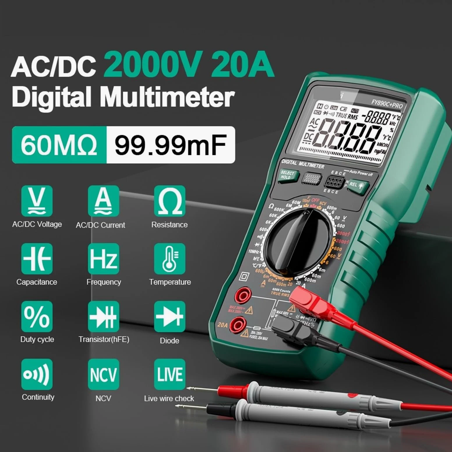 Multimetro Digitale, Multimetro digitale 6000 conteggi AC/DC 2000V/20A Vero RMS Tester di temperatura for elettricisti Fotovoltaico Minerario,per uso domestico