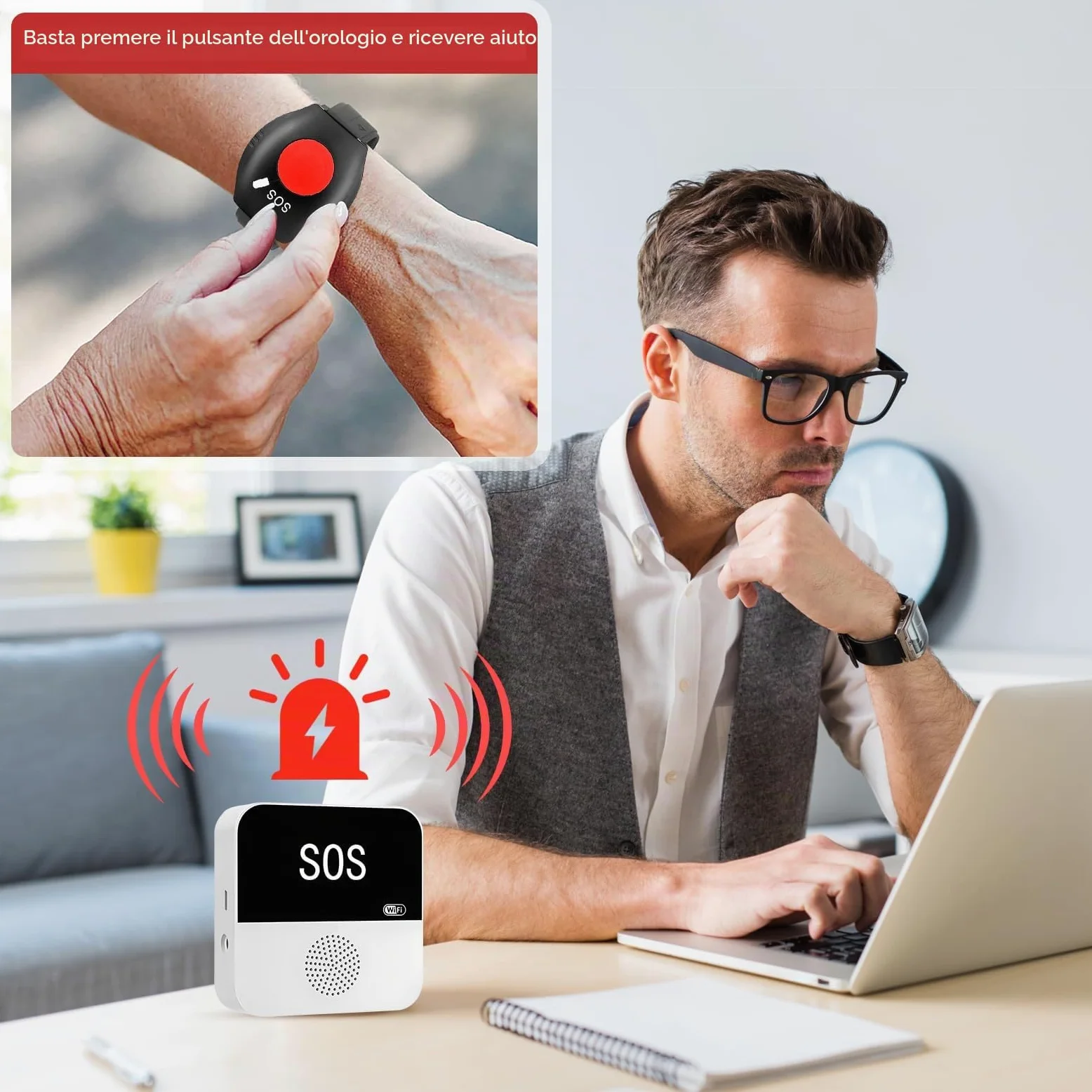 Pulsante di Emergenza per Anziani,Wireless Sistema di Chiamata di Emergenza | Bracciale di Emergenza per Anziani, Pulsante di Chiamata WiFi Caregiver Pager, Per Pazienti Anziani, Disabili, Bambini