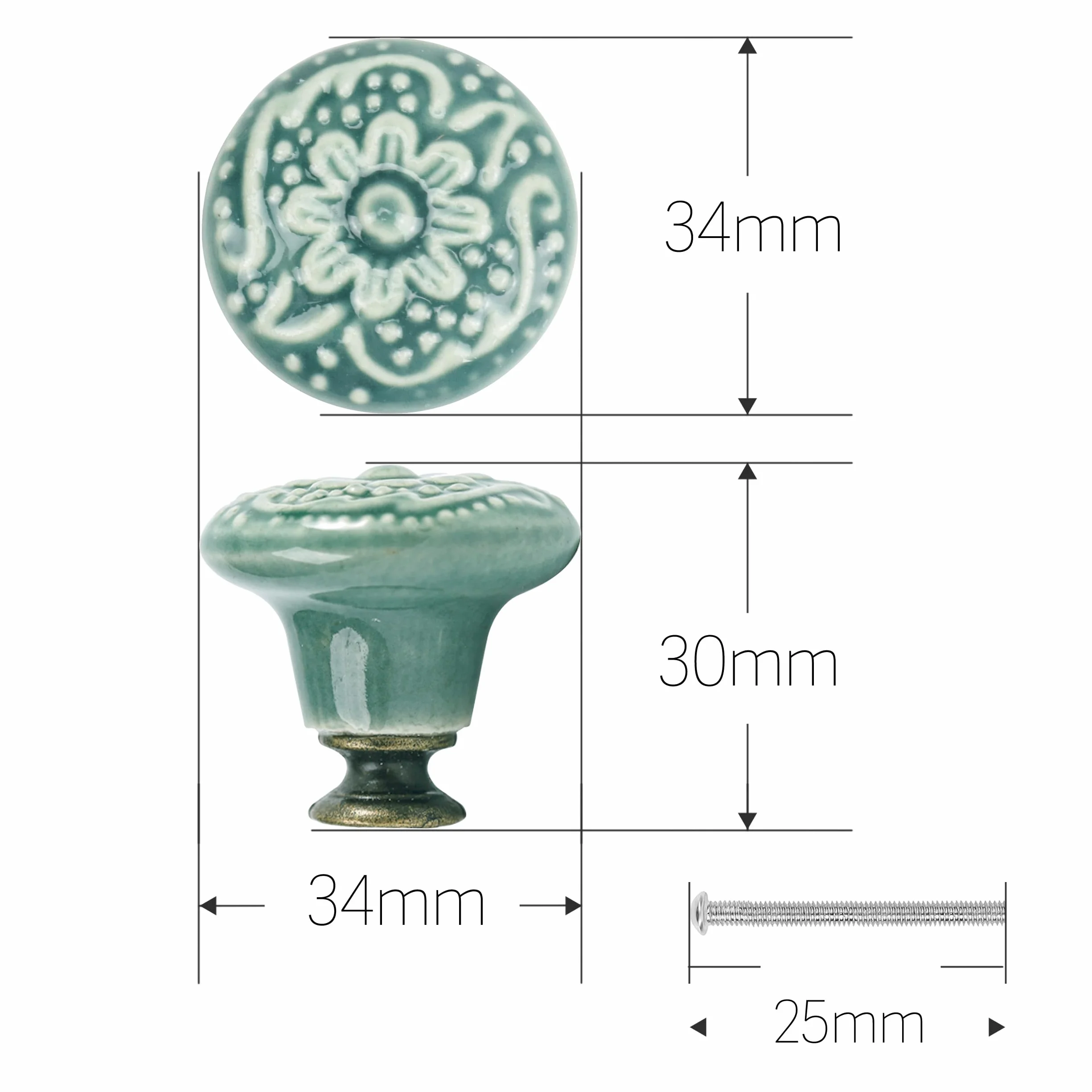 Pomelli Rotondi in Ceramica Vintage 34mm - Maniglie per Mobili Casa - 12 Pezzi (Verde)