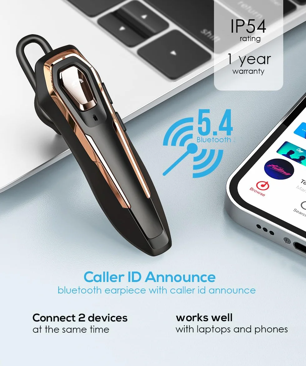 Auricolare Bluetooth Mono V5.4 con Cancellazione Rumore Microfono, 36 Ore di Autonomia, Connessione a due Dispositivi, Ideale per Guida, Ufficio e Telefonate Business