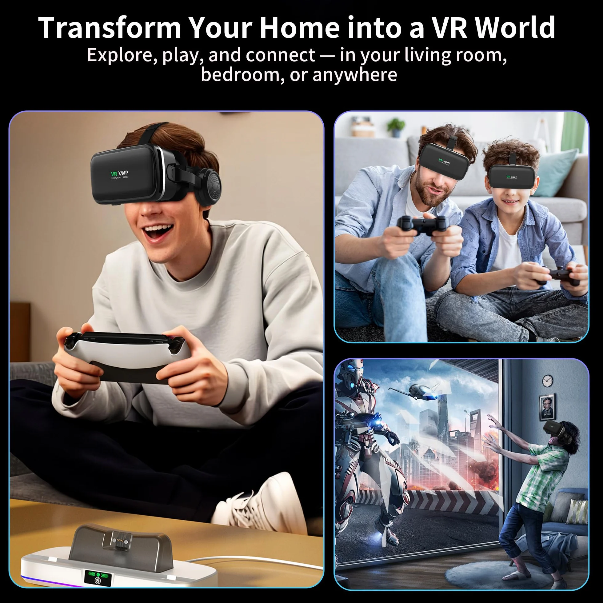 XWP Visore Realtà Virtuale 3D Con Cuffie Per Smartphone, Occhiali VR Con Lenti HD, Compatibile con IPhone&Android 4,7–6,8", Per giochi e film, Festività Per Amici E Famiglia