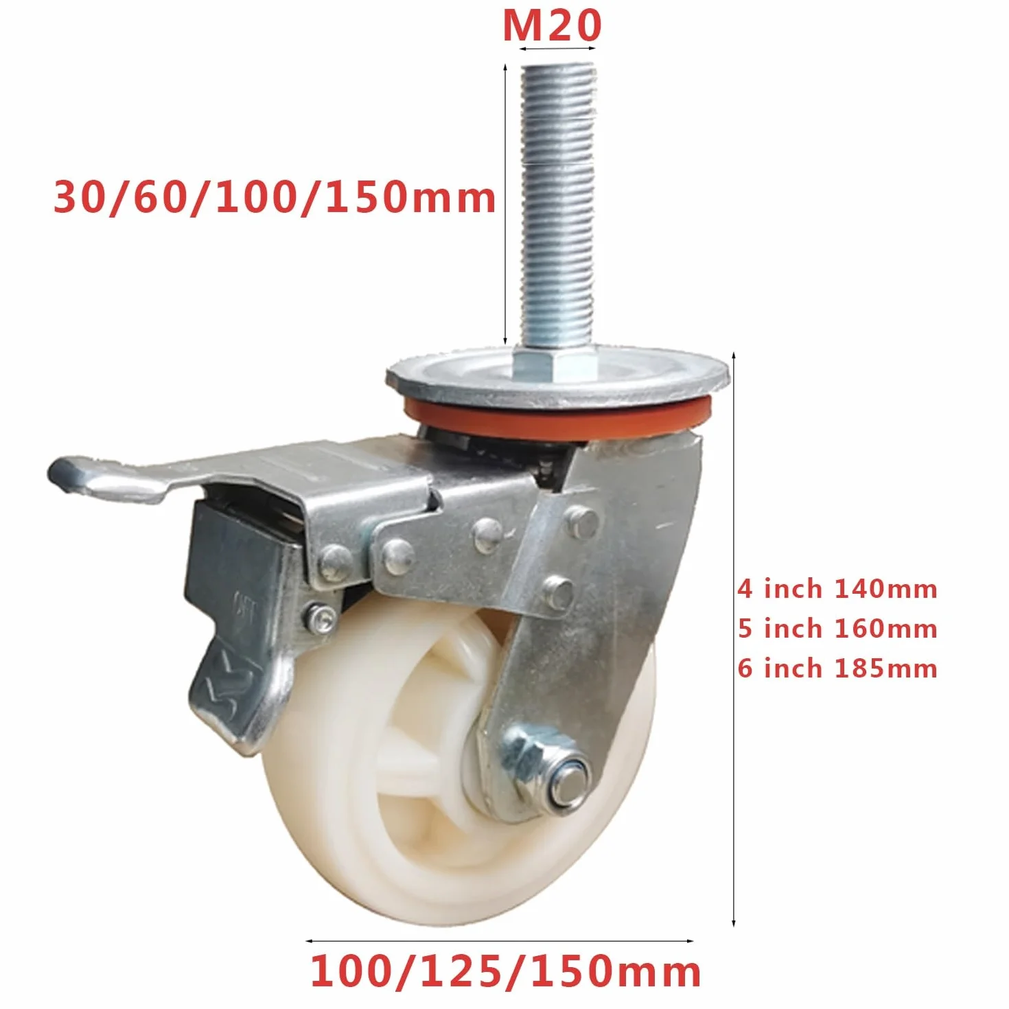 Ruote piroettanti con Stelo filettato M20 - Ruote girevoli in Nylon per impieghi gravosi da 5 Pollici con Freno, Ruote industriali per macchinari e Attrezzature, Set da 4 con Cuscinetto