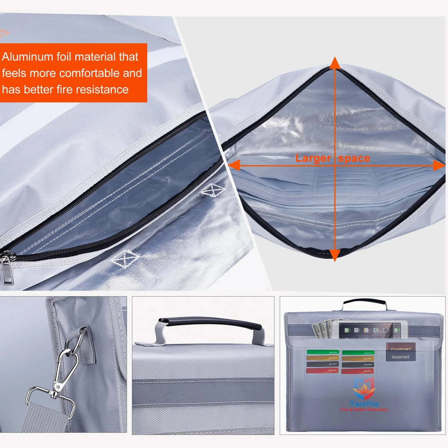 Borsa portadocumenti ignifuga, grande capacità, 40.6 x 30.5 x 12.7 cm, custodia impermeabile con cerniera in fibra di vetro rivestita in silicone ignifugo, denaro, gioielli